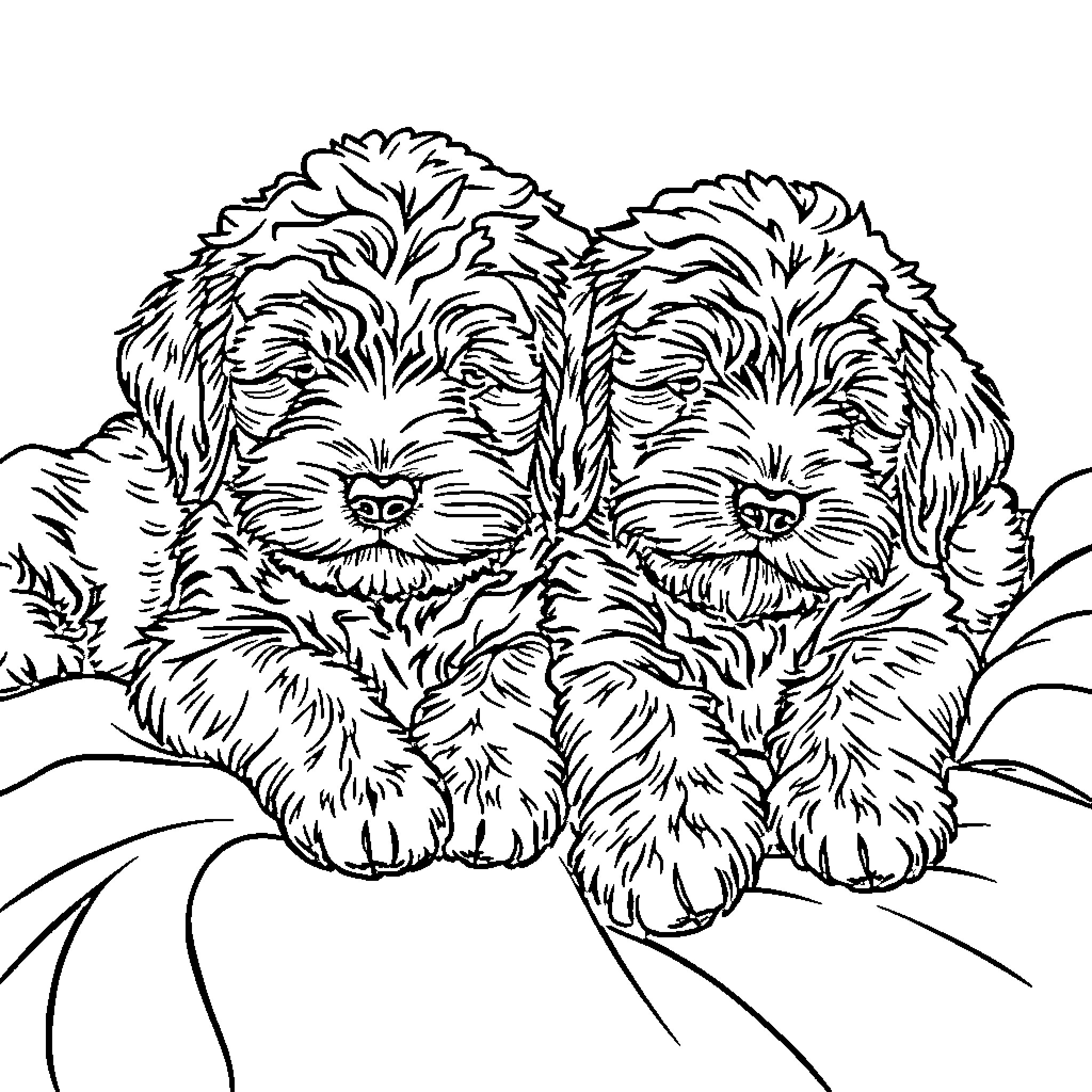 Labradoodle puppies snuggled together happily Coloring Page (free black-and-white line drawing printable PDF for all, from beginners to advanced learners, including children, teens, adults, and seniors)