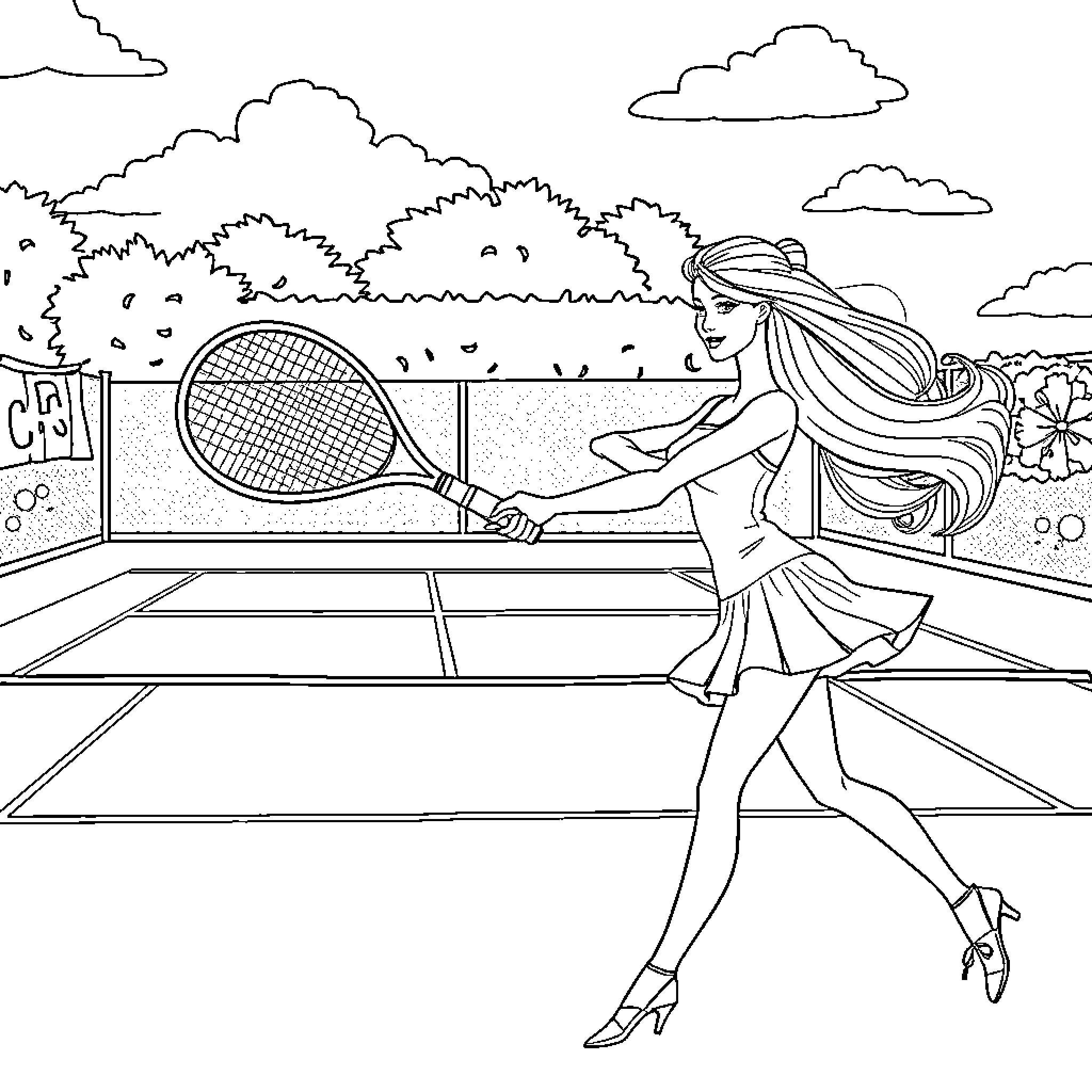 Barbie playing tennis on the court Coloring Page (free black-and-white line drawing printable PDF for all, from beginners to advanced learners, including children, teens, adults, and seniors)