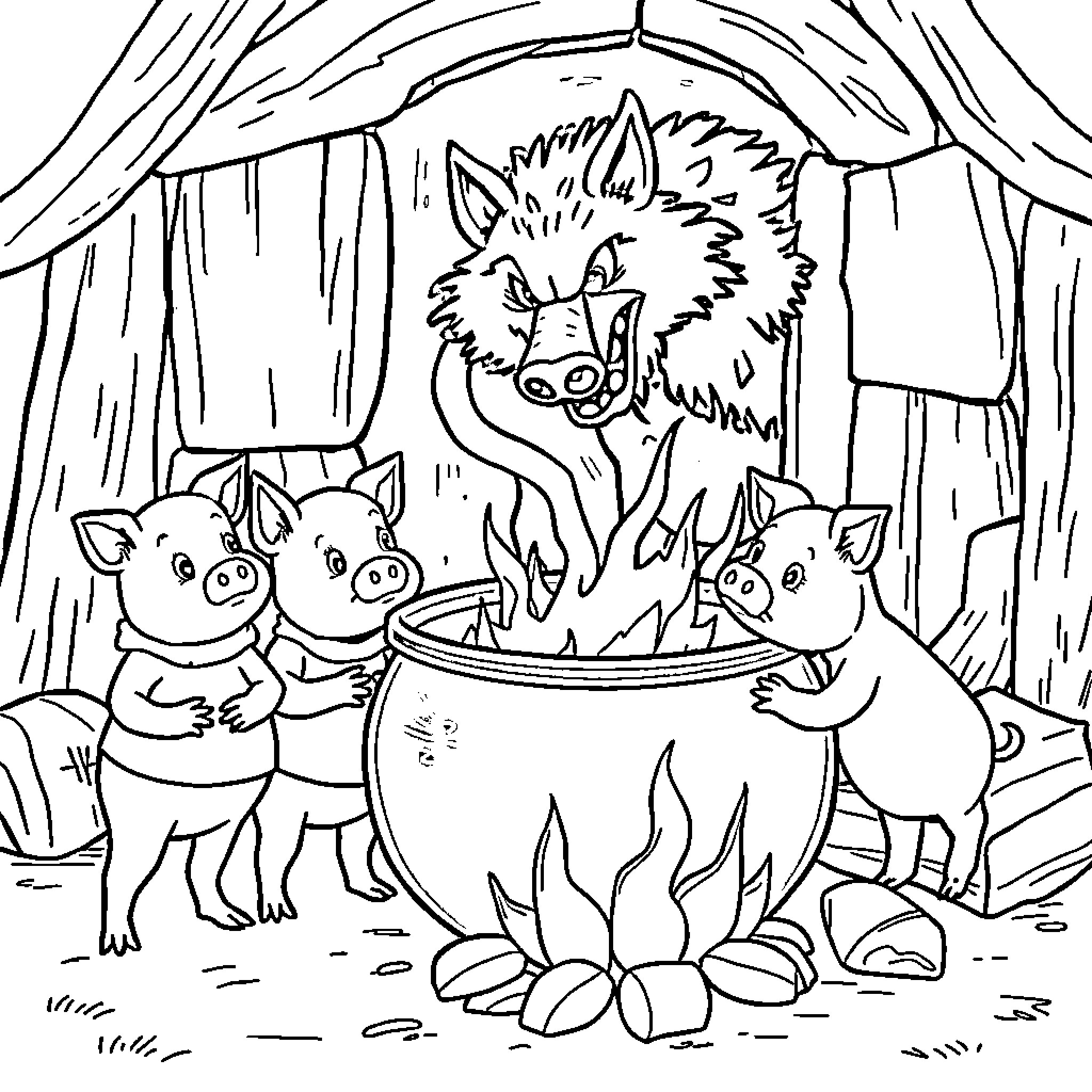 Pig trio preparing a magical feast Coloring Page (free black-and-white line drawing printable PDF for all, from beginners to advanced learners, including children, teens, adults, and seniors)