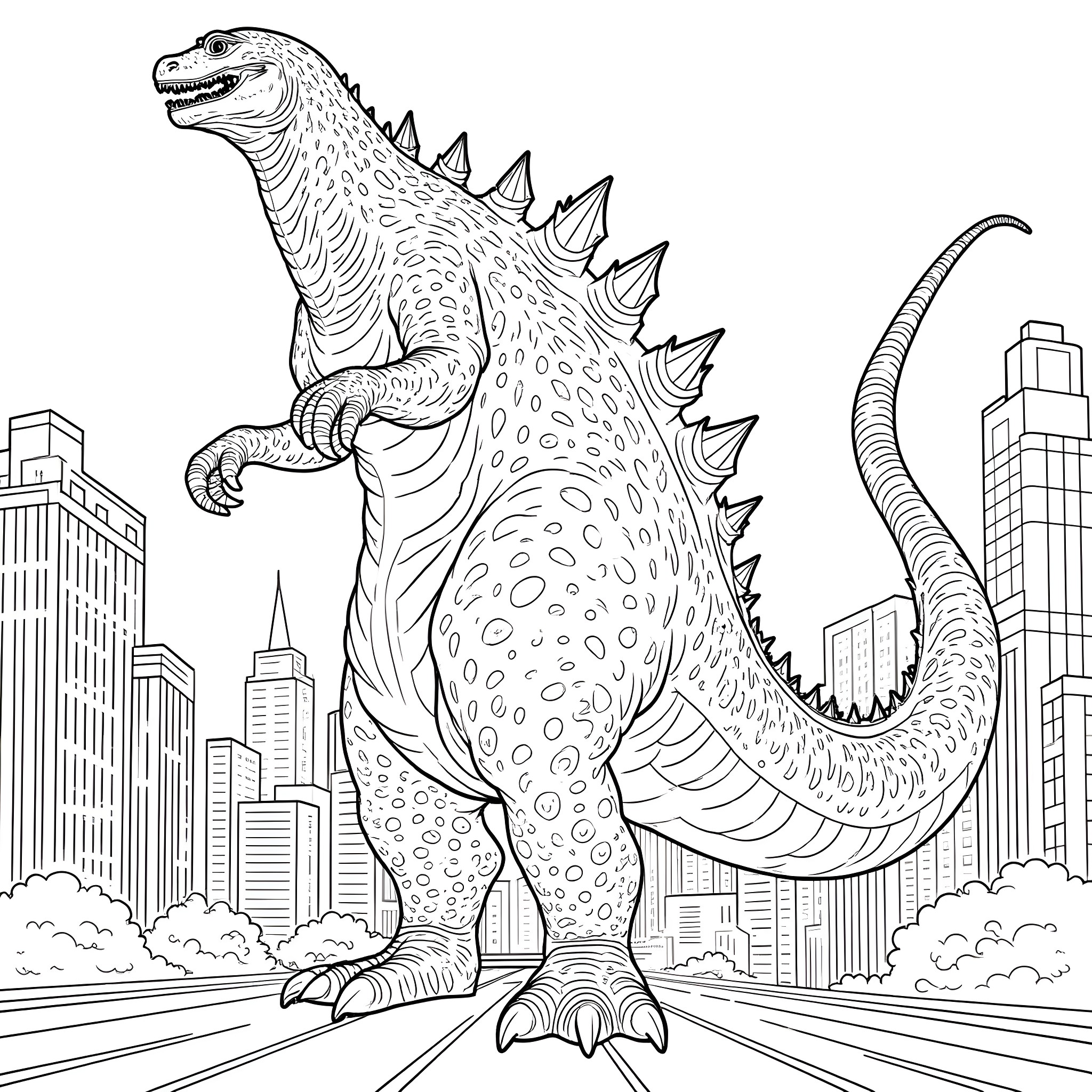 Godzilla stomping through the city Coloring Page (free black-and-white line drawing printable PDF for all, from beginners to advanced learners, including children, teens, adults, and seniors)
