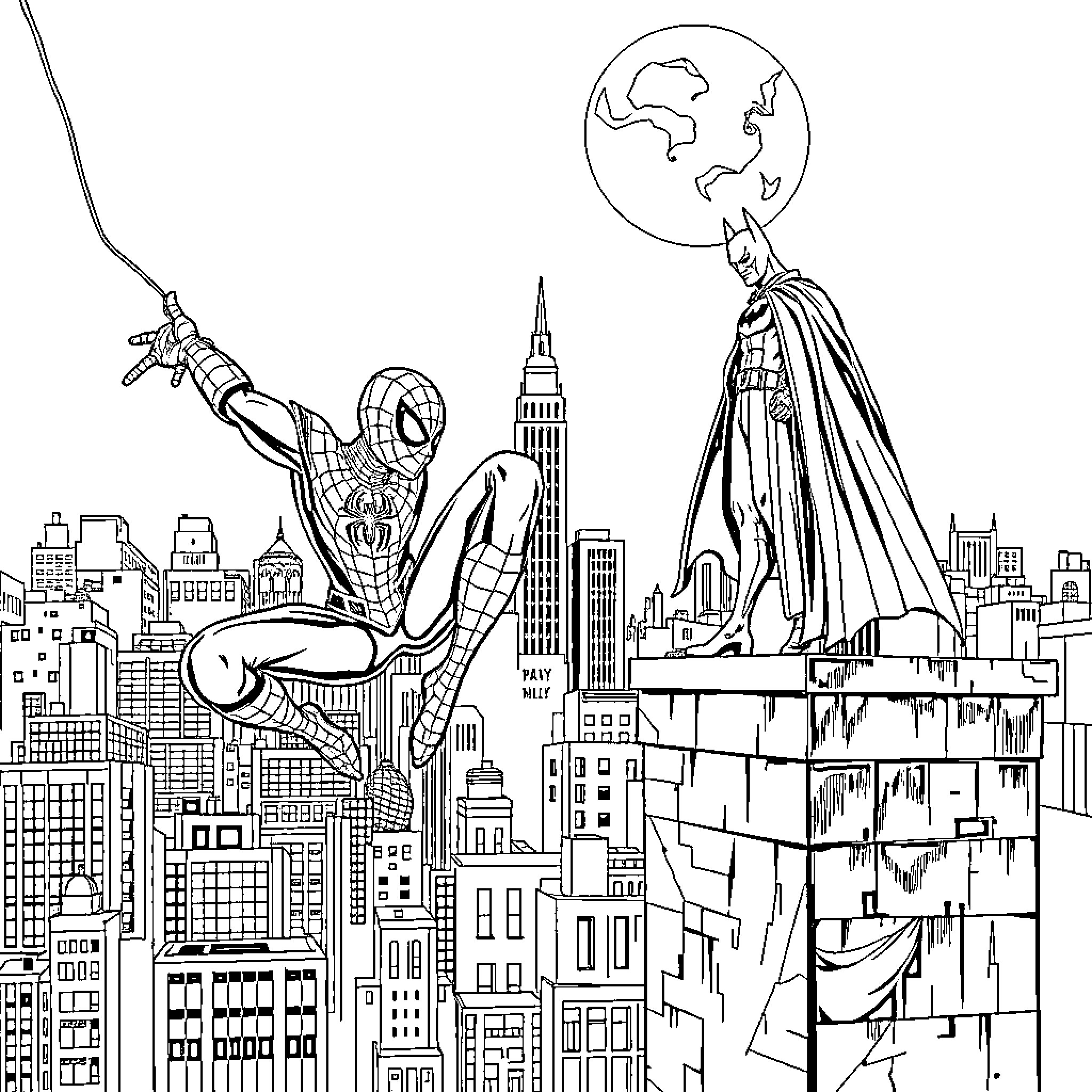 Spiderman swinging through the city alongside a superhero Coloring Page (free black-and-white line drawing printable PDF for all, from beginners to advanced learners, including children, teens, adults, and seniors)