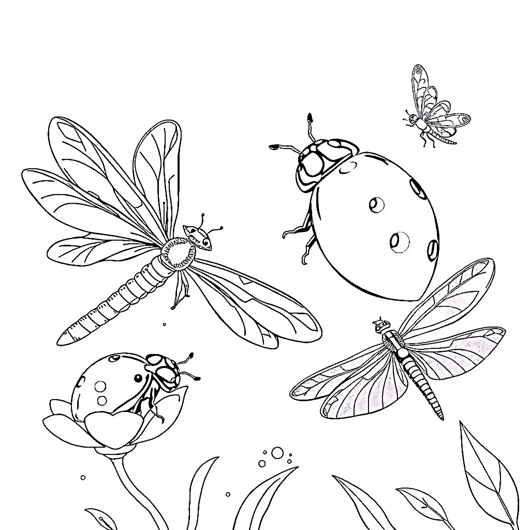 Ladybird enjoying nature with insect friends Coloring Page (free black-and-white line drawing printable PDF for all, from beginners to advanced learners, including children, teens, adults, and seniors)