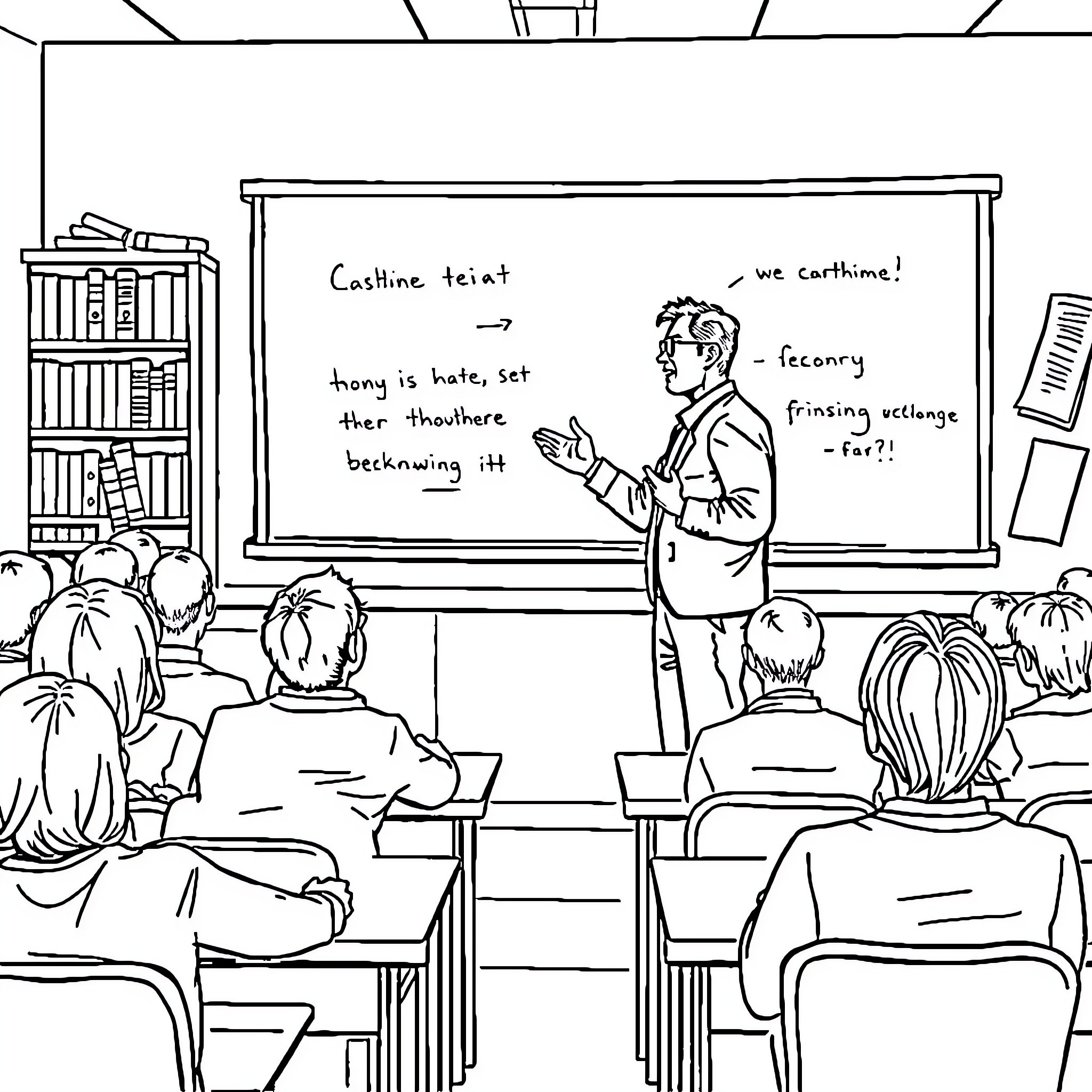 Man standing and speaking to students in classroom Coloring Page (free black-and-white line drawing printable PDF for all, from beginners to advanced learners, including children, teens, adults, and seniors)