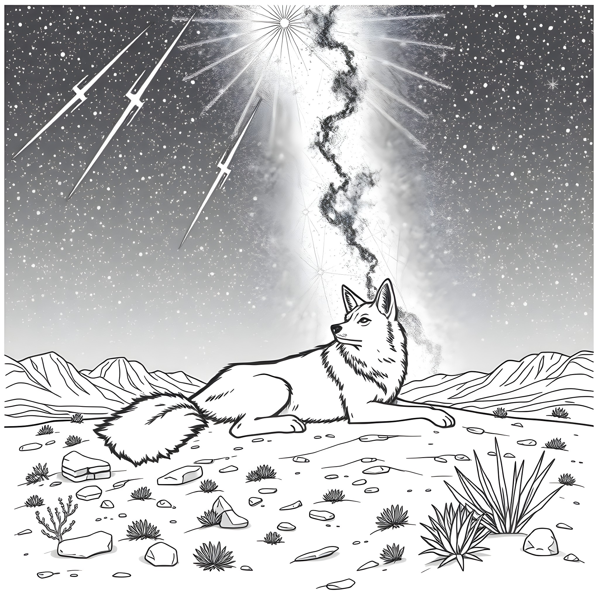 Coyote under the starry night sky Coloring Page (free black-and-white line drawing printable PDF for all, from beginners to advanced learners, including children, teens, adults, and seniors)