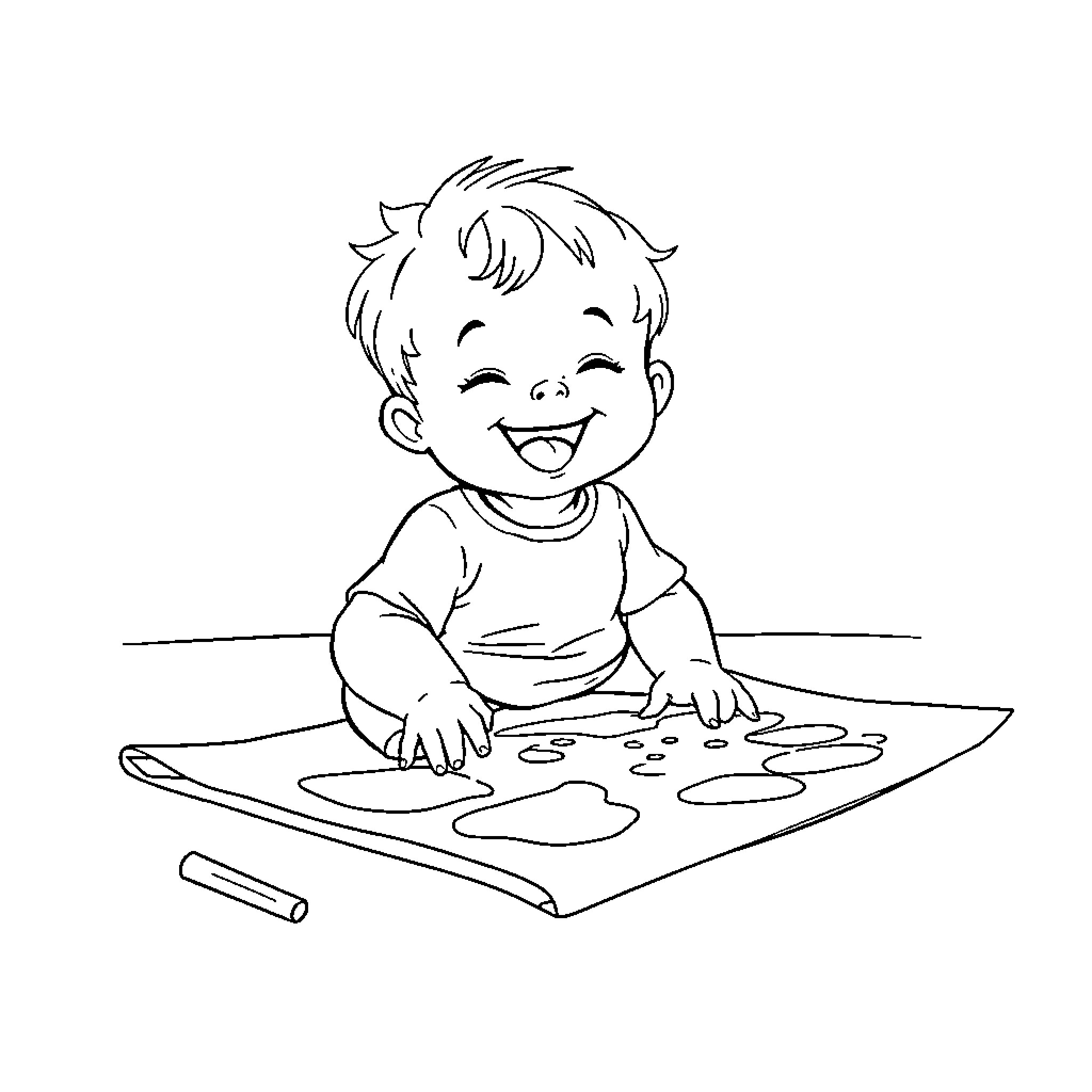 Baby happily drawing on a paper Coloring Page (free black-and-white line drawing printable PDF for all, from beginners to advanced learners, including children, teens, adults, and seniors)