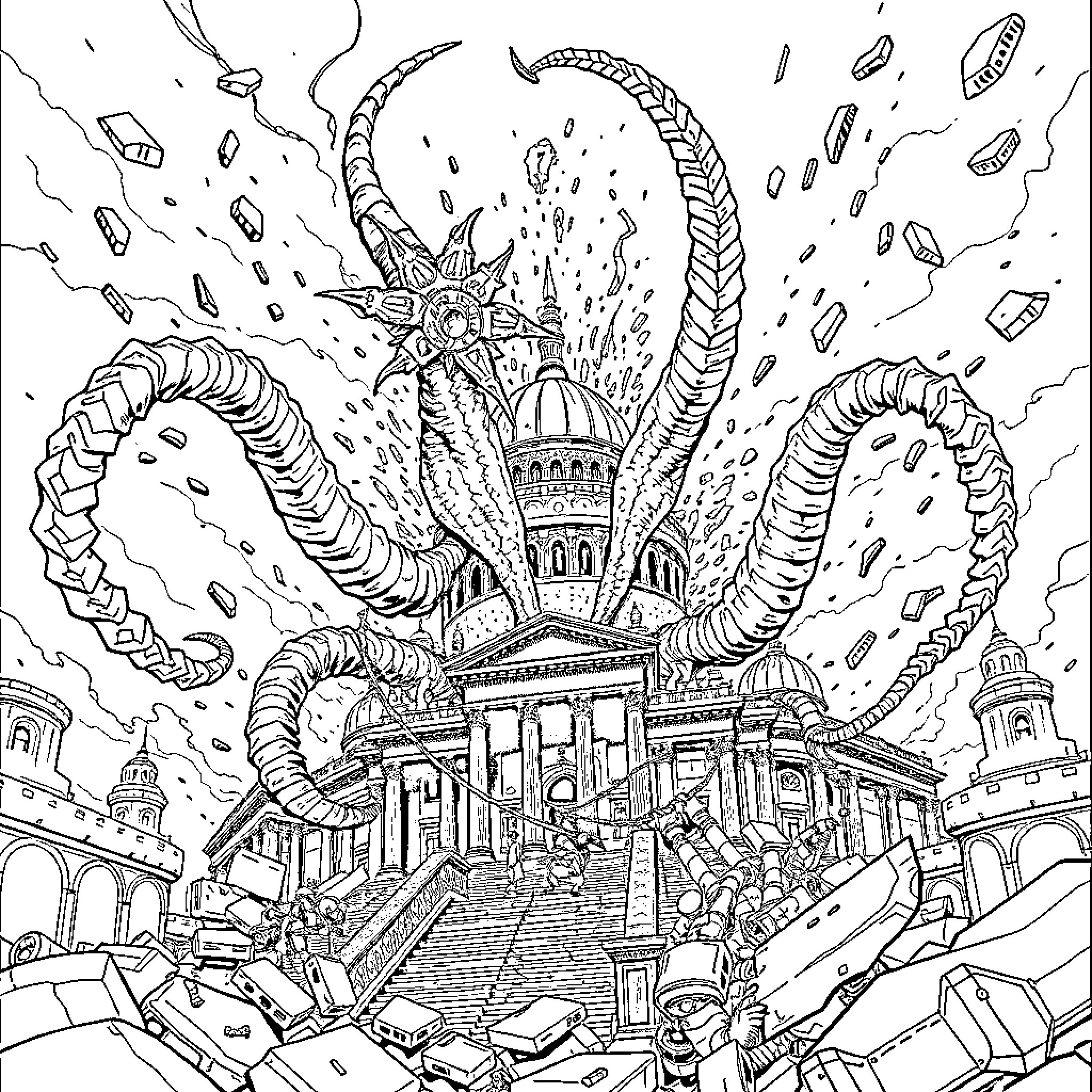 Emrakul's Colossal Arrival at the Devastated City Coloring Page (free black-and-white line drawing printable PDF for all, from beginners to advanced learners, including children, teens, adults, and seniors)