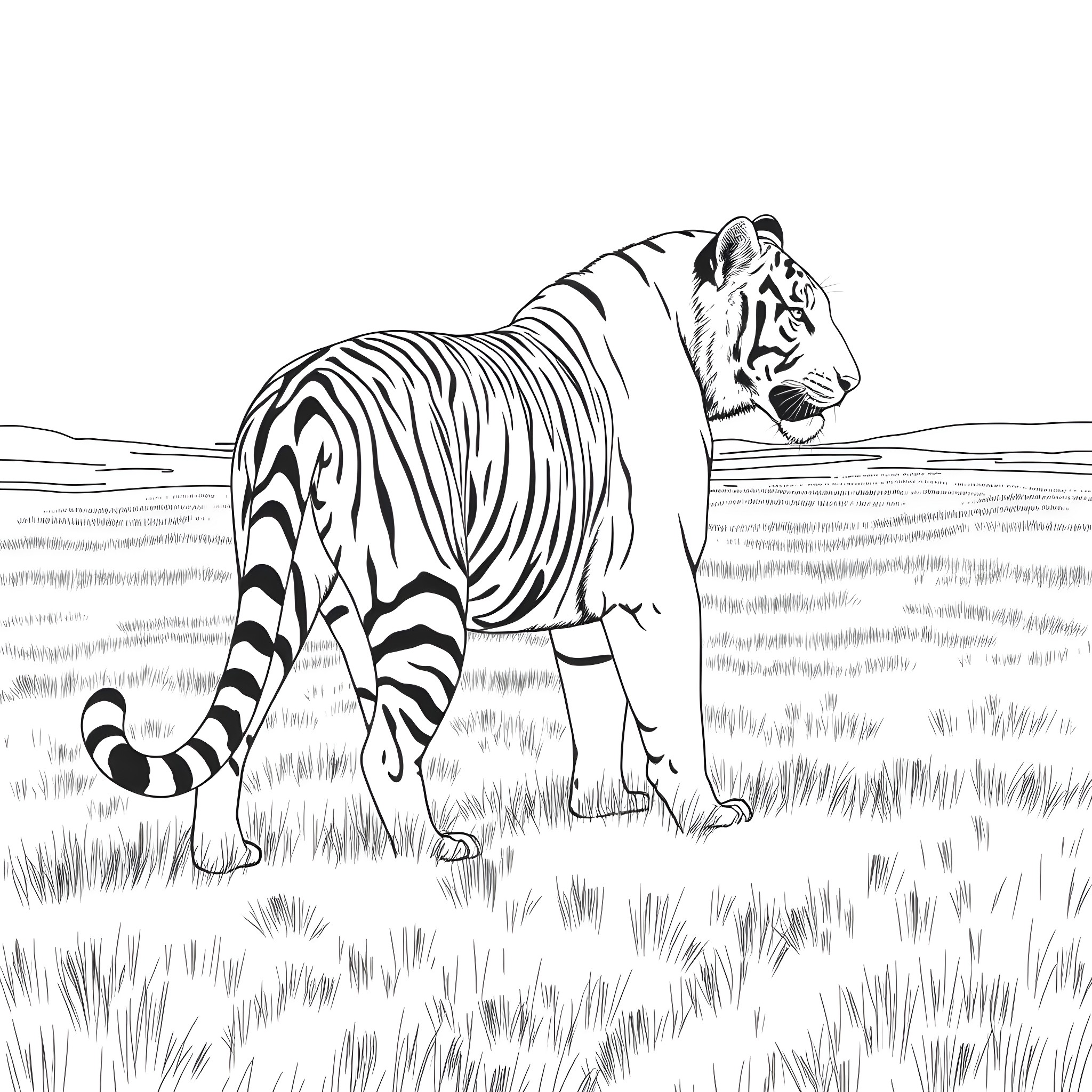 Tiger Roaming Freely in the Grasslands Coloring Page (free black-and-white line drawing printable PDF for all, from beginners to advanced learners, including children, teens, adults, and seniors)