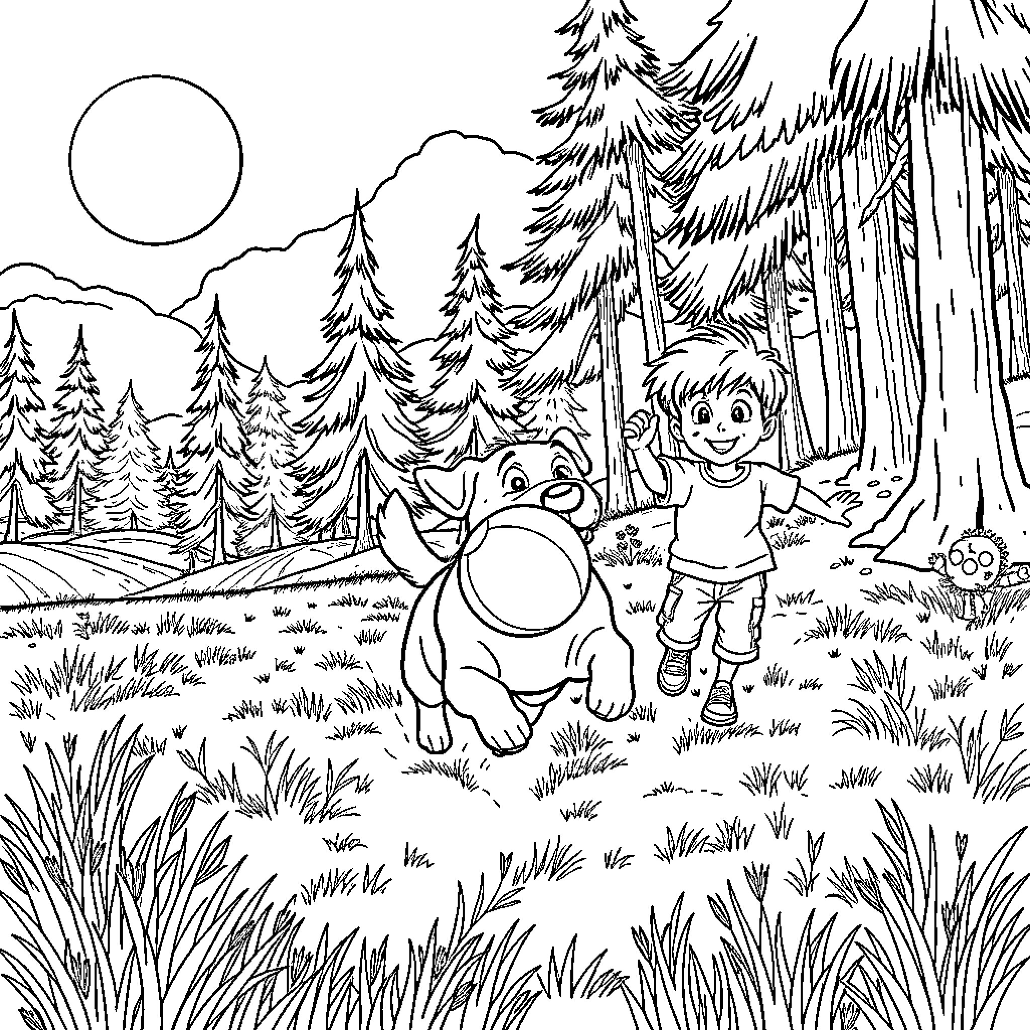 Dog and Child Playing in the Forest Coloring Page (free black-and-white line drawing printable PDF for all, from beginners to advanced learners, including children, teens, adults, and seniors)