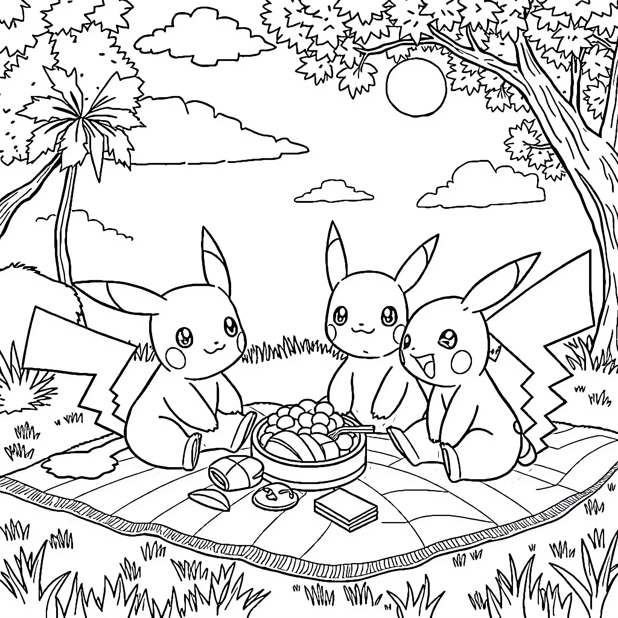 Pokémon Picnic with Cheerful Characters Coloring Page (free black-and-white line drawing printable PDF for all, from beginners to advanced learners, including children, teens, adults, and seniors)