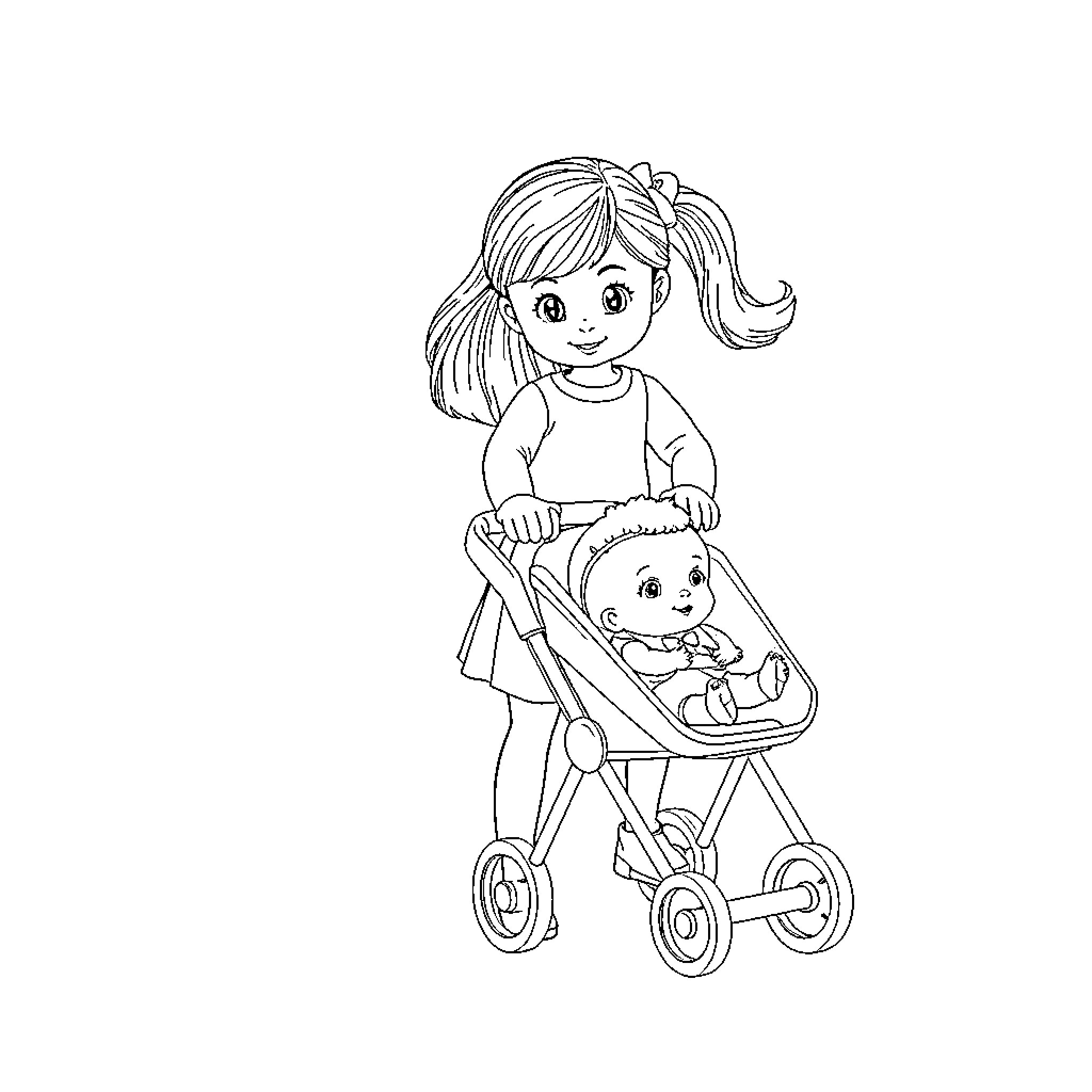 Doll girl playing with baby doll in stroller Coloring Page (free black-and-white line drawing printable PDF for all, from beginners to advanced learners, including children, teens, adults, and seniors)