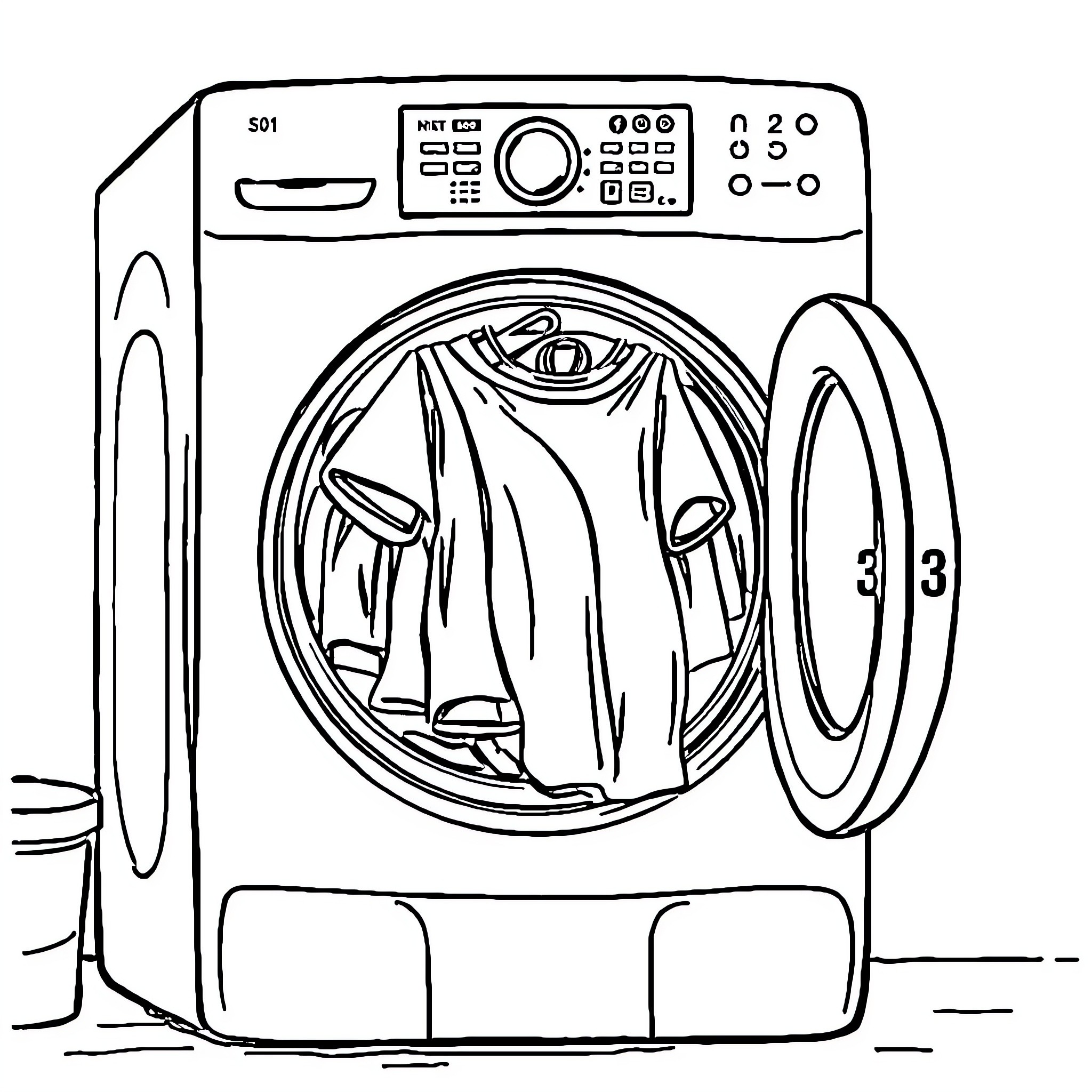 Washing Machine with Clothes Tumbling Inside Coloring Page (free black-and-white line drawing printable PDF for all, from beginners to advanced learners, including children, teens, adults, and seniors)