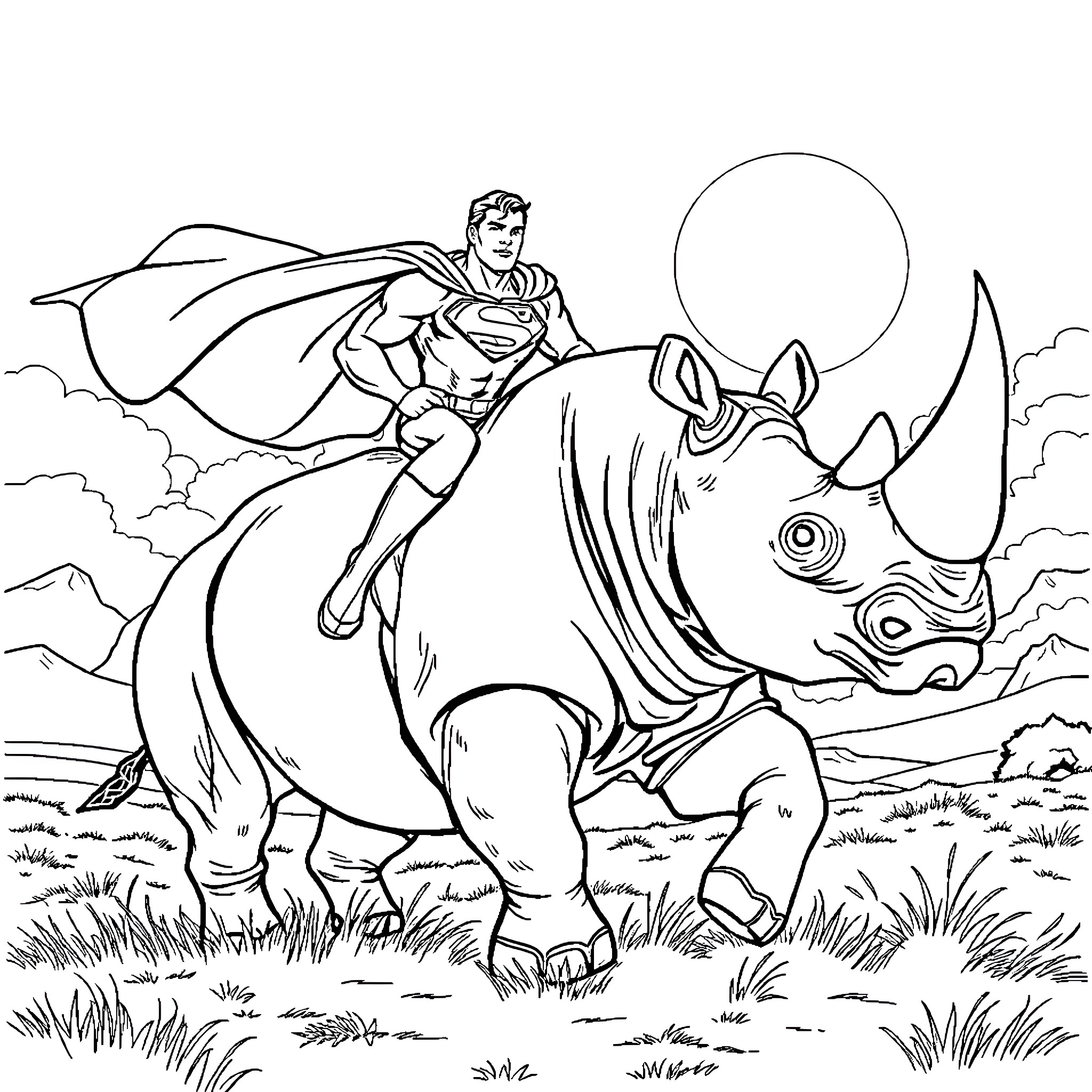 Superman riding a powerful rhinoceros Coloring Page (free black-and-white line drawing printable PDF for all, from beginners to advanced learners, including children, teens, adults, and seniors)