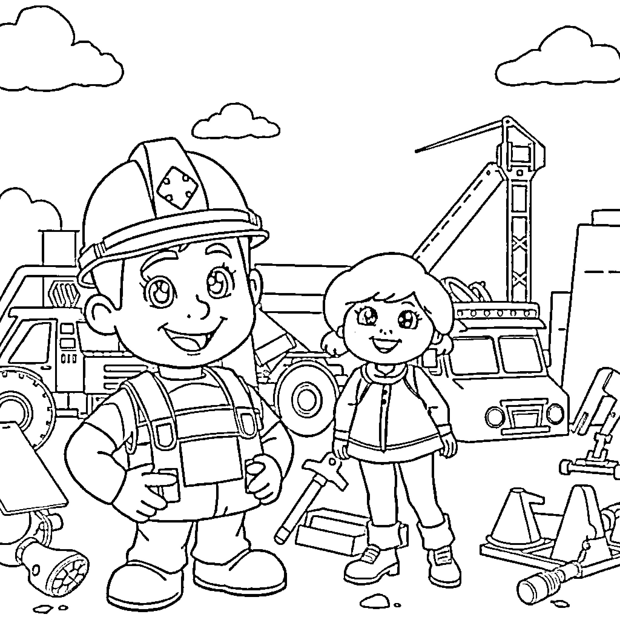 Bob the Builder and Wendy on a construction site Coloring Page (free black-and-white line drawing printable PDF for all, from beginners to advanced learners, including children, teens, adults, and seniors)