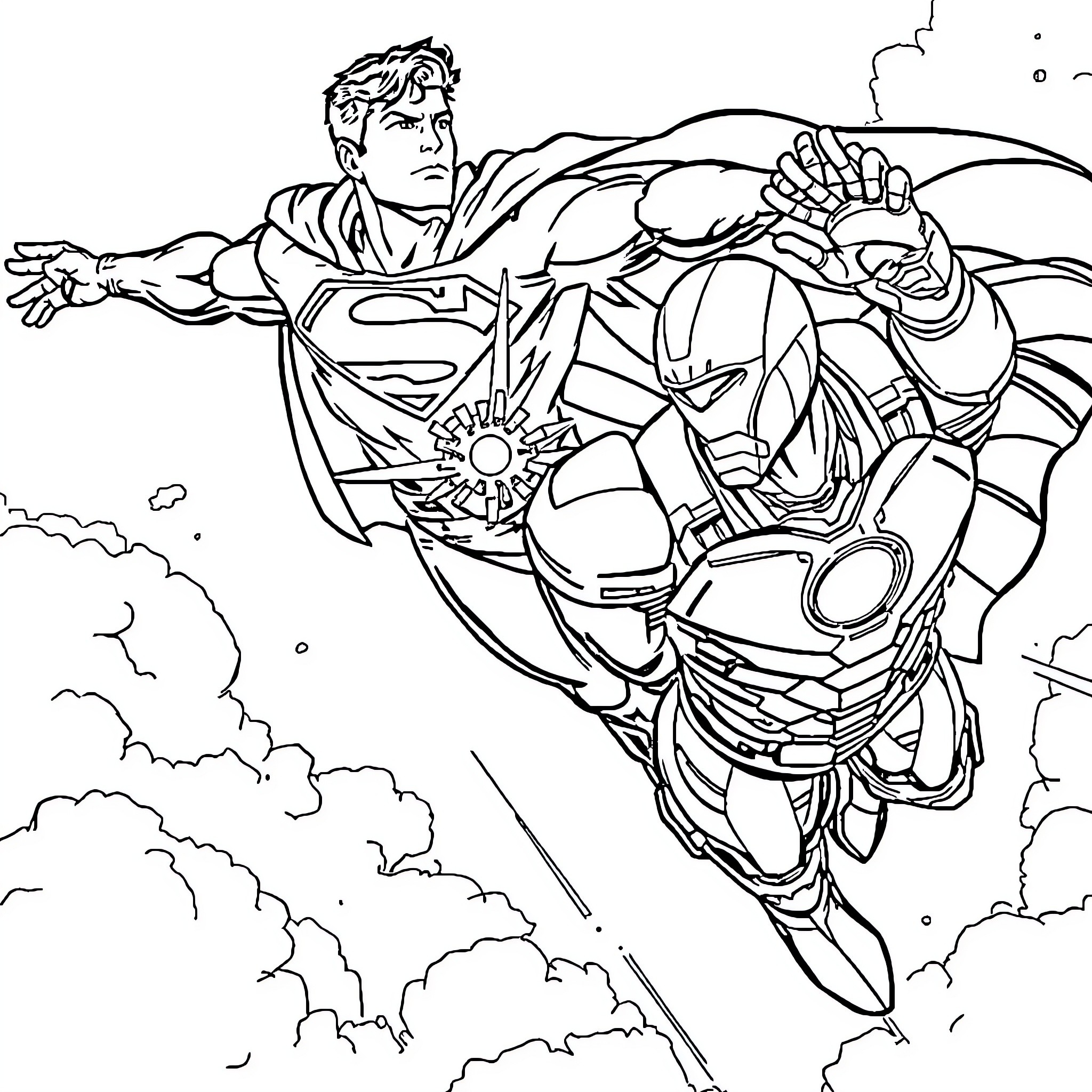 Superman soaring through the sky with heroic stance Coloring Page (free black-and-white line drawing printable PDF for all, from beginners to advanced learners, including children, teens, adults, and seniors)