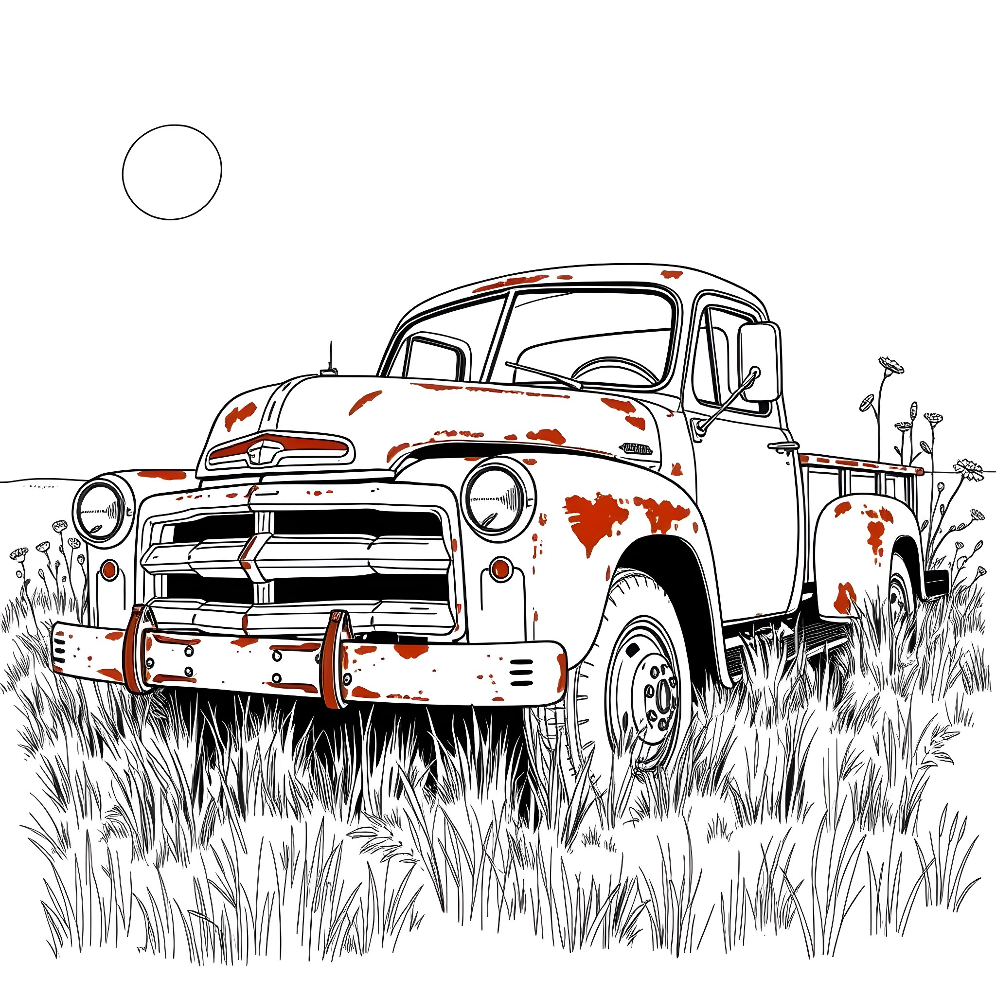 Truck in a Grassy Field with the Sun Coloring Page (free black-and-white line drawing printable PDF for all, from beginners to advanced learners, including children, teens, adults, and seniors)