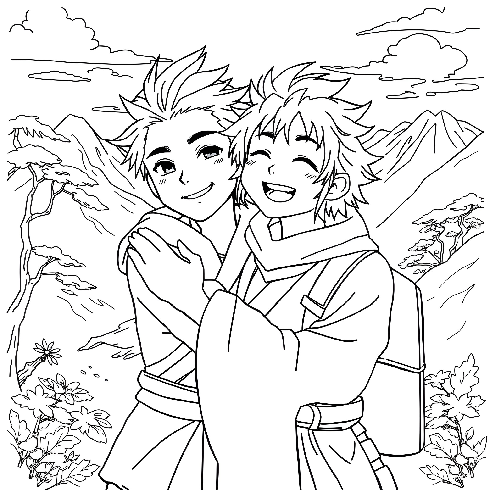 Tanjiro and Nezuko share a joyful moment in the mountains Coloring Page (free black-and-white line drawing printable PDF for all, from beginners to advanced learners, including children, teens, adults, and seniors)