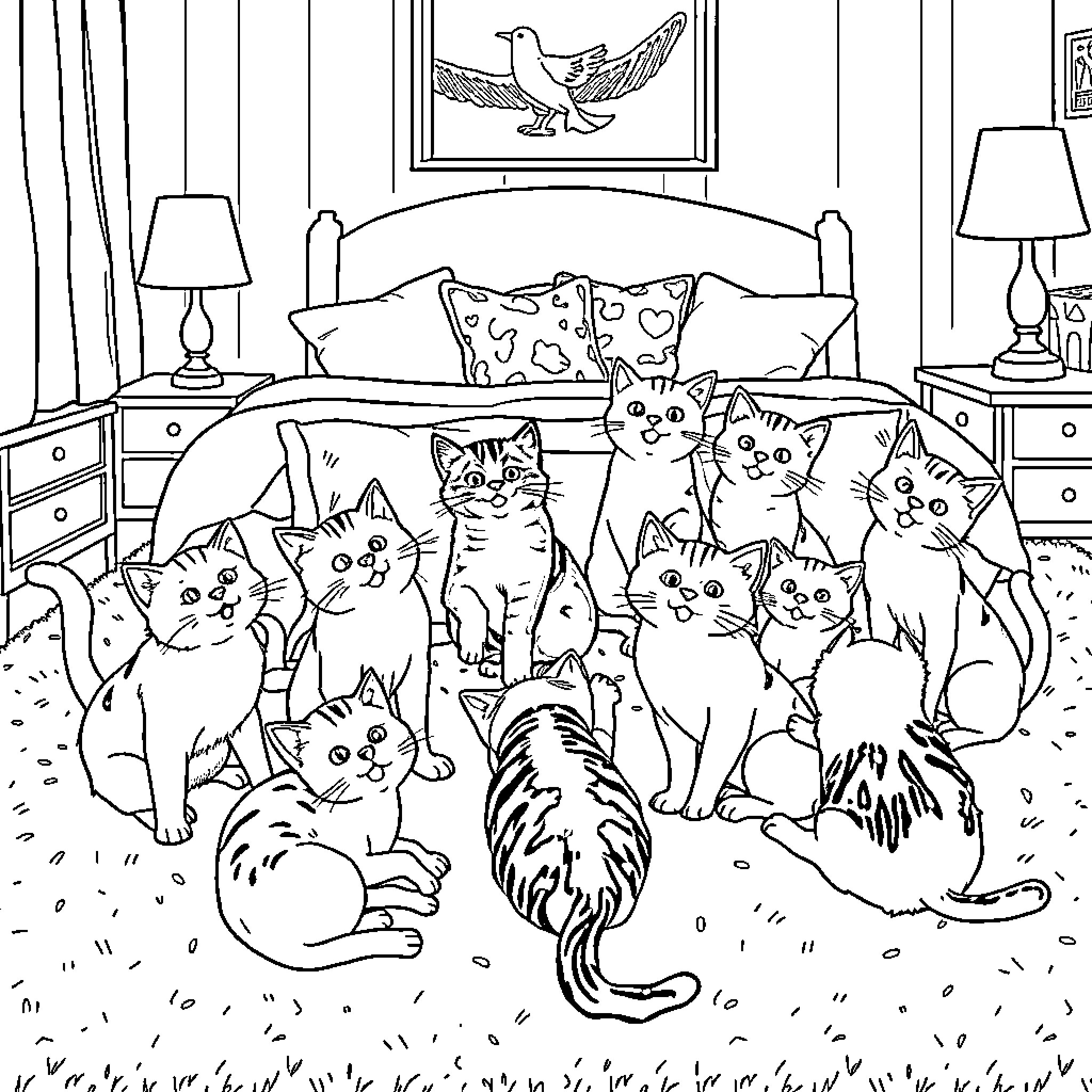 Cats gathered in a cozy living room Coloring Page (free black-and-white line drawing printable PDF for all, from beginners to advanced learners, including children, teens, adults, and seniors)