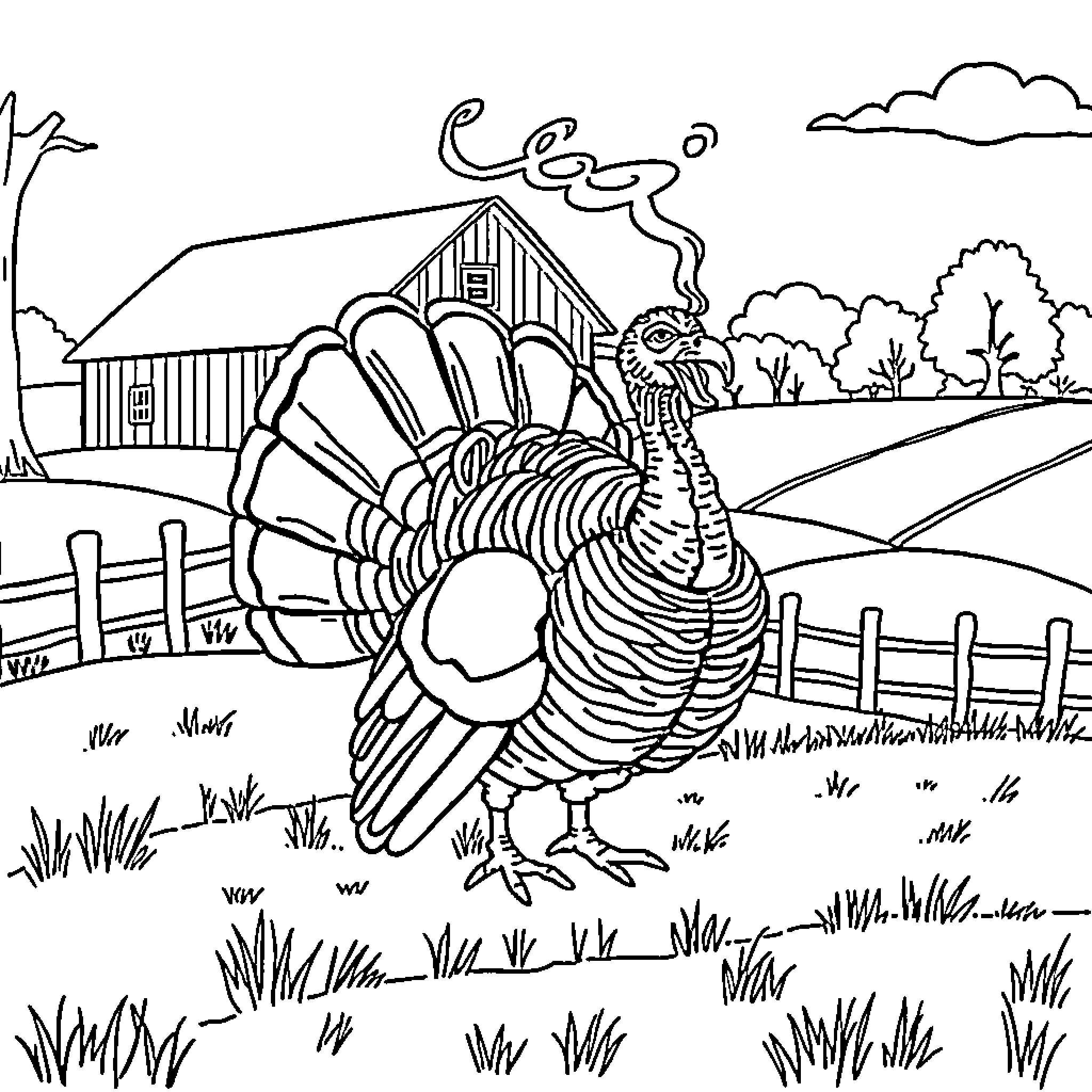 Turkey exploring a farm landscape Coloring Page (free black-and-white line drawing printable PDF for all, from beginners to advanced learners, including children, teens, adults, and seniors)