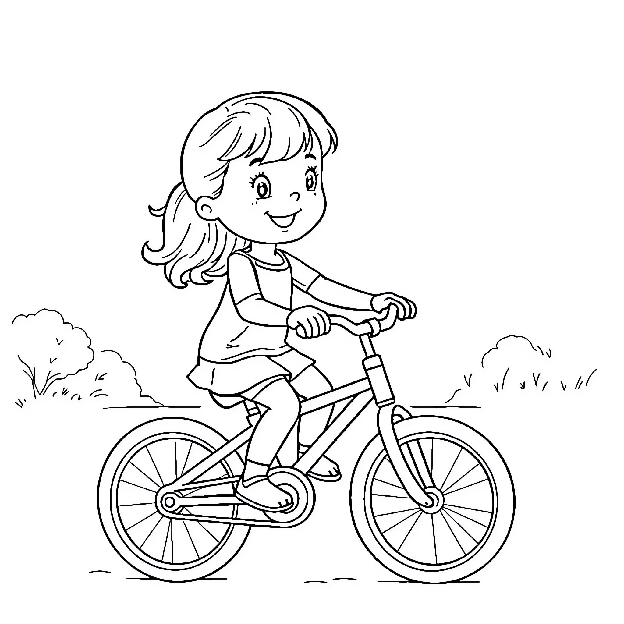 Fille riding a bicycle in the park Coloring Page (free black-and-white line drawing printable PDF for all, from beginners to advanced learners, including children, teens, adults, and seniors)