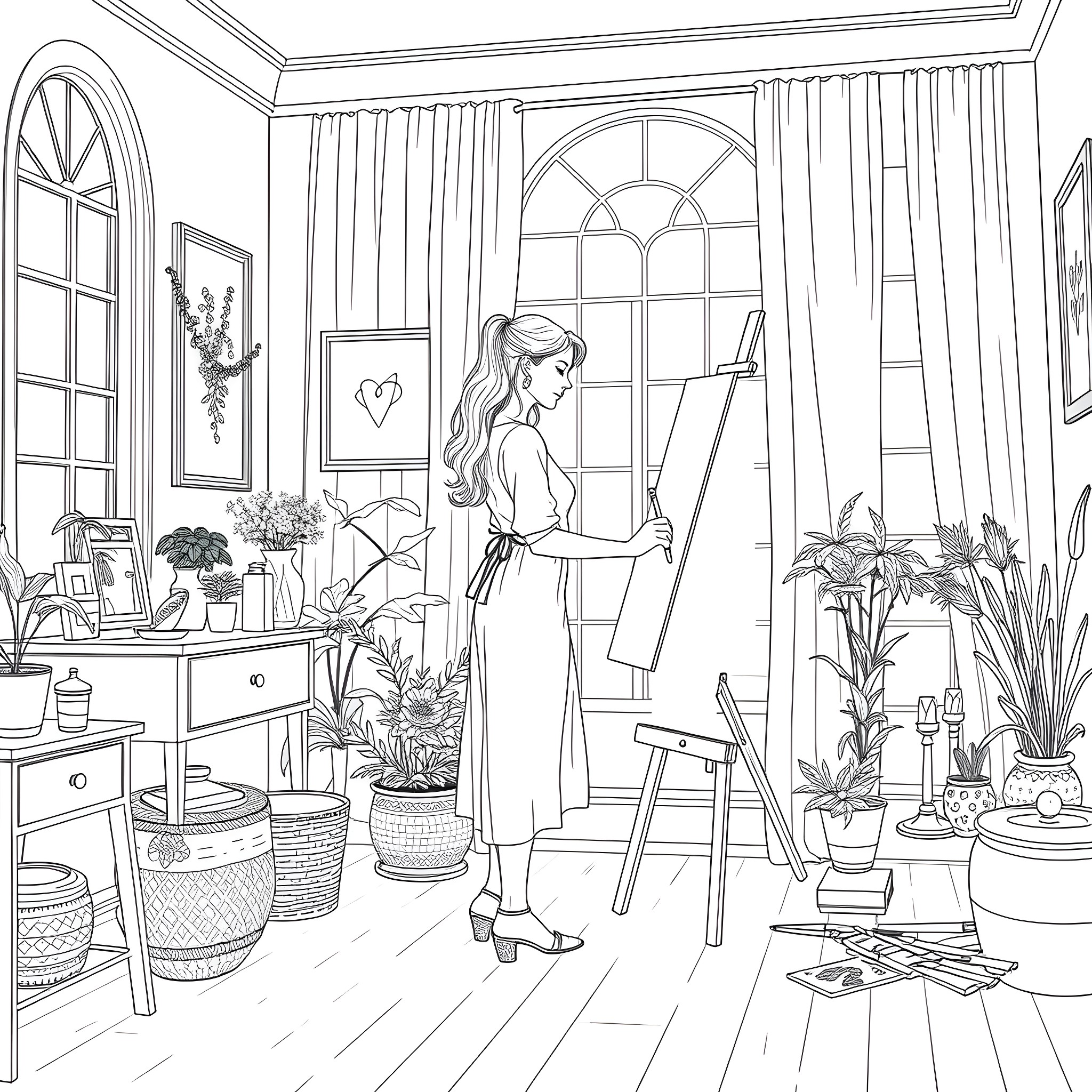 Woman painting in a cozy home art studio Coloring Page (free black-and-white line drawing printable PDF for all, from beginners to advanced learners, including children, teens, adults, and seniors)