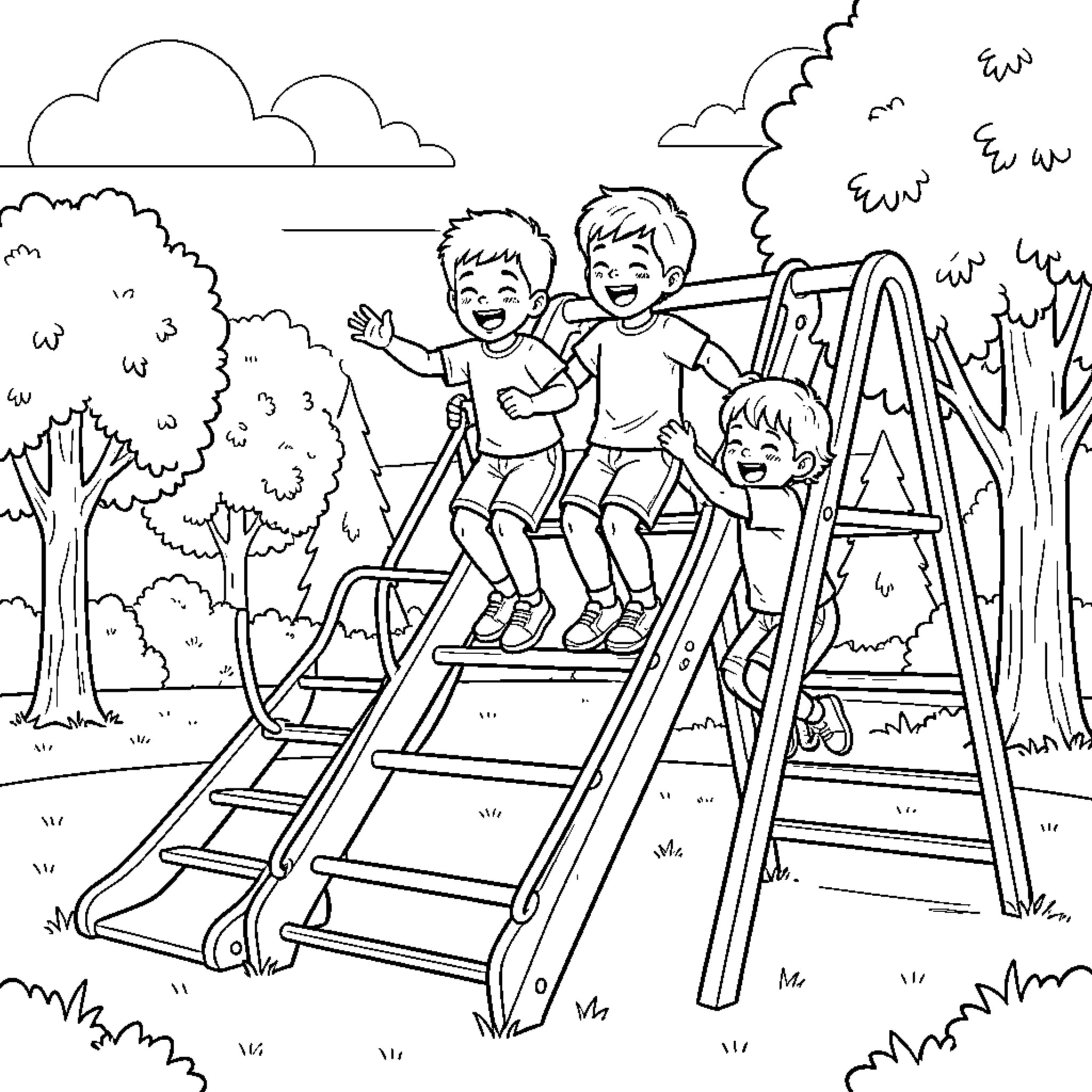 Niño playing happily on playground climbing equipment Coloring Page (free black-and-white line drawing printable PDF for all, from beginners to advanced learners, including children, teens, adults, and seniors)