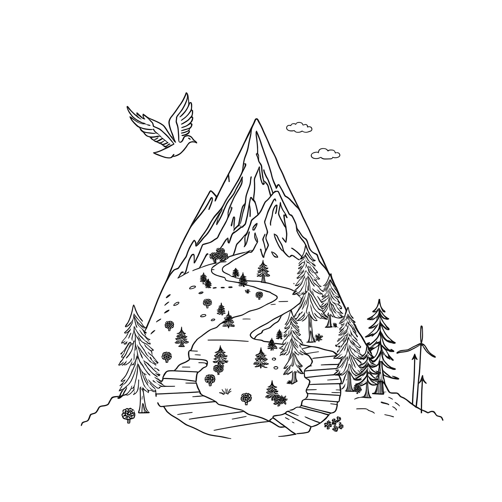 Letter A - Adventurous mountain landscape with bird Coloring Page (free black-and-white line drawing printable PDF for all, from beginners to advanced learners, including children, teens, adults, and seniors)