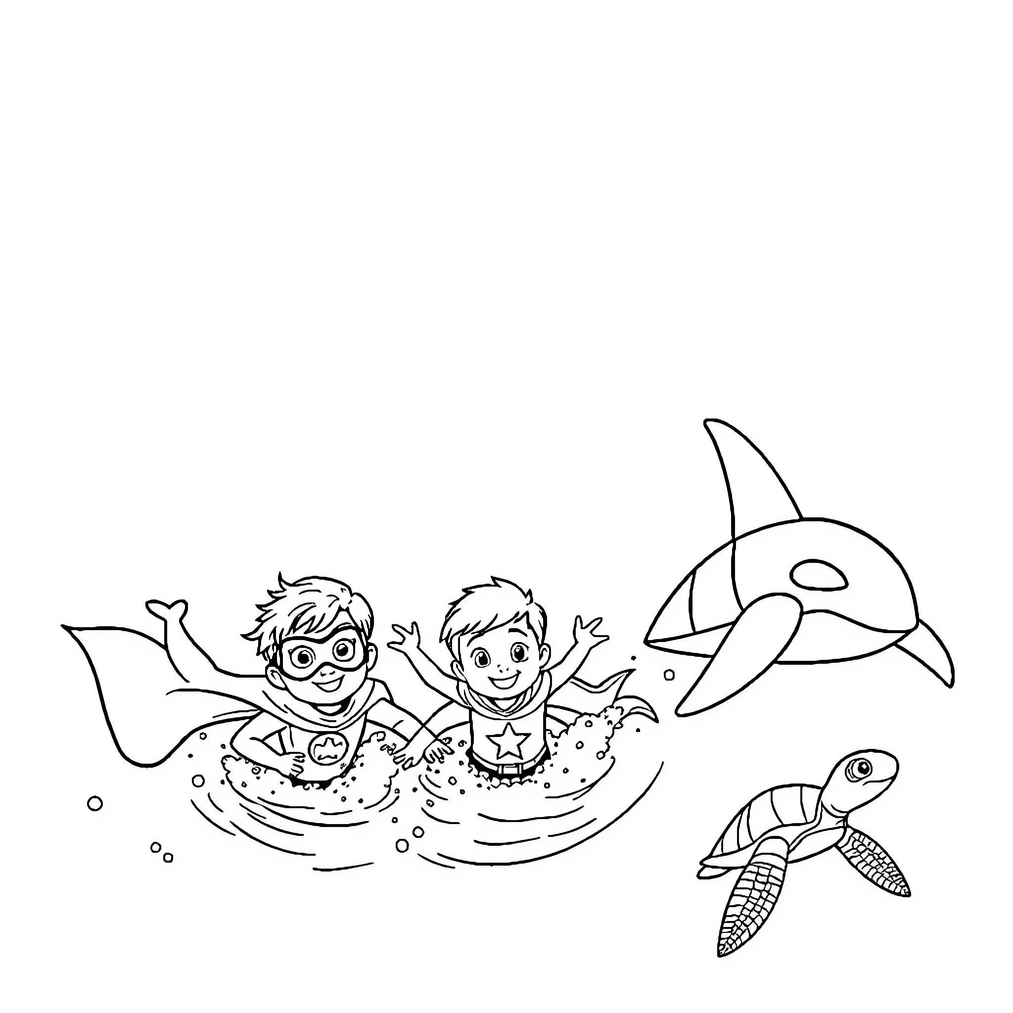 Kid snorkeling with sharks and sea turtles Coloring Page (free black-and-white line drawing printable PDF for all, from beginners to advanced learners, including children, teens, adults, and seniors)