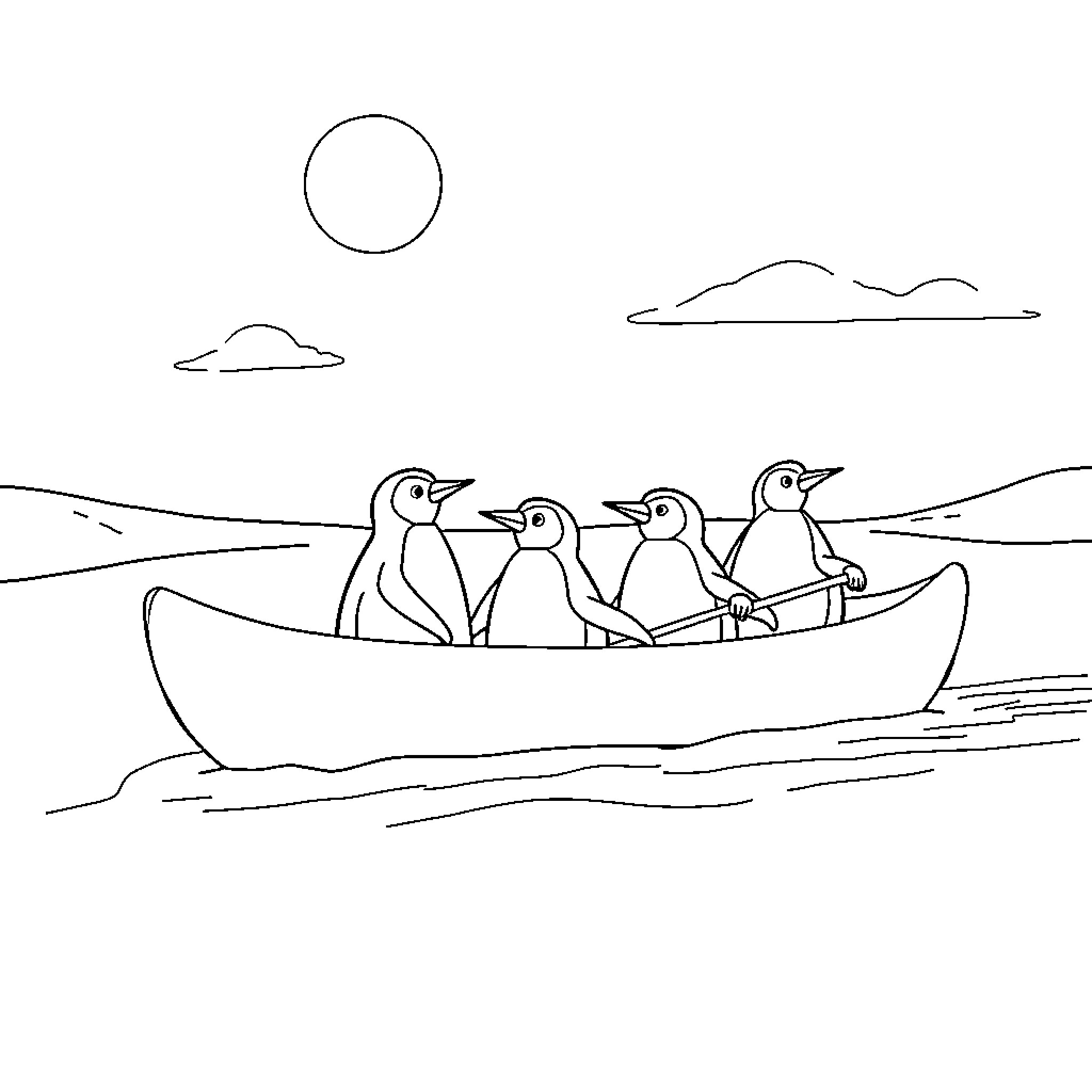 Penguins enjoying boat ride in peaceful landscape Coloring Page (free black-and-white line drawing printable PDF for all, from beginners to advanced learners, including children, teens, adults, and seniors)