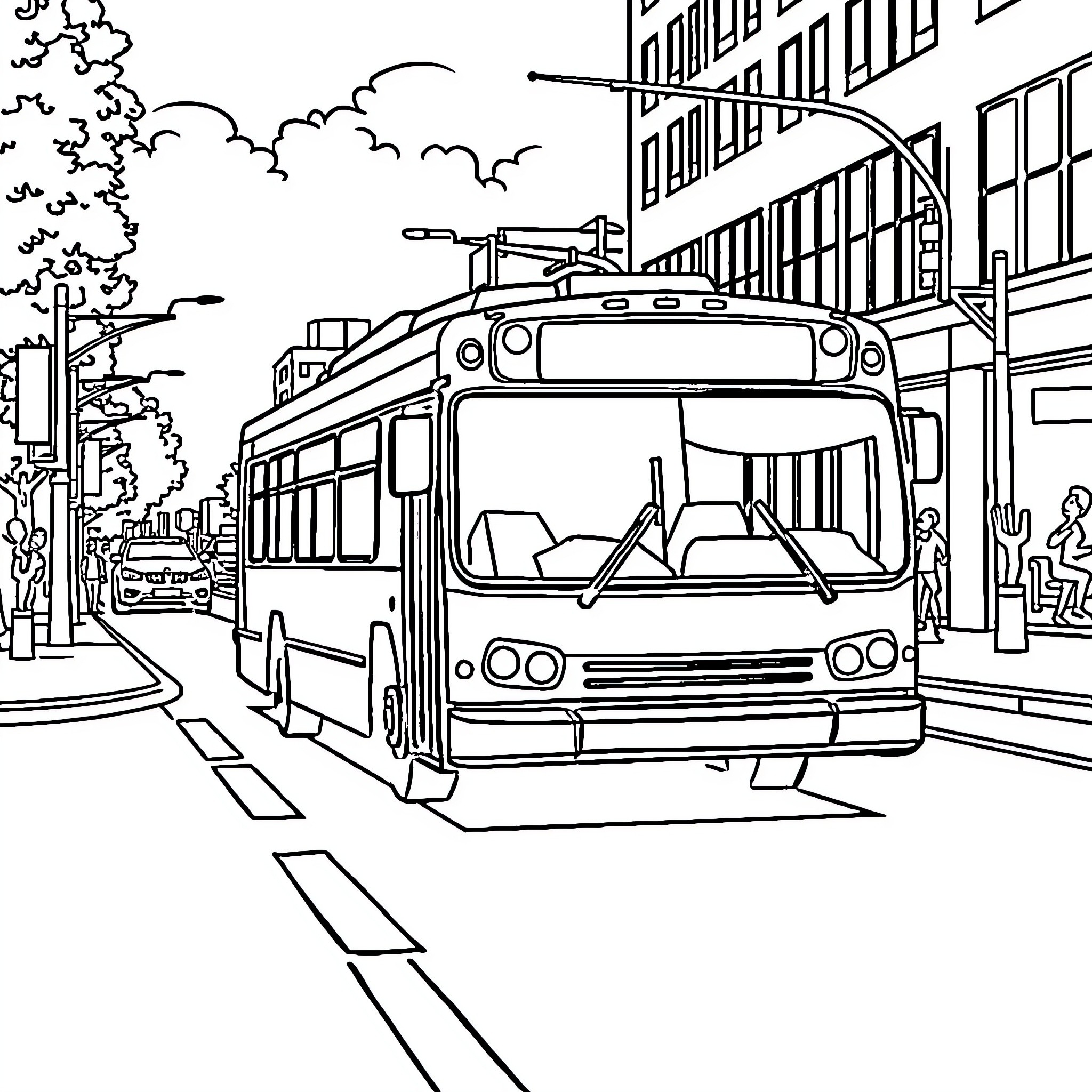 Bus in the city street scene Coloring Page (free black-and-white line drawing printable PDF for all, from beginners to advanced learners, including children, teens, adults, and seniors)