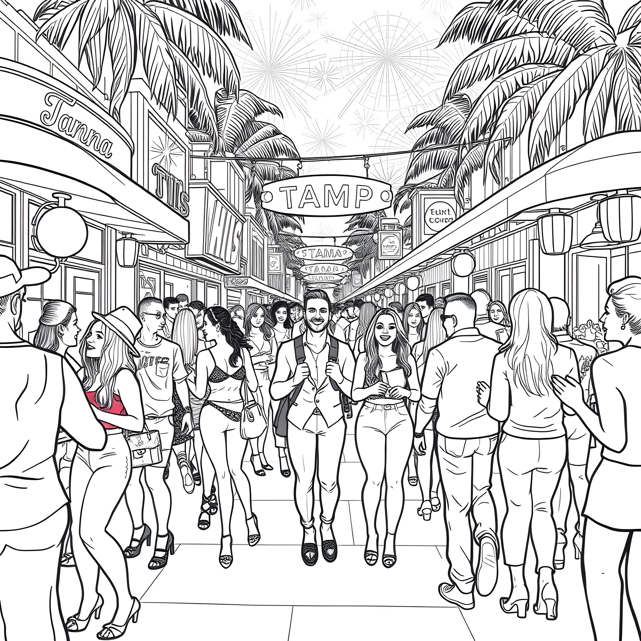 Babe's Exciting Adventure in a Vibrant Tropical Town Coloring Page (free black-and-white line drawing printable PDF for all, from beginners to advanced learners, including children, teens, adults, and seniors)