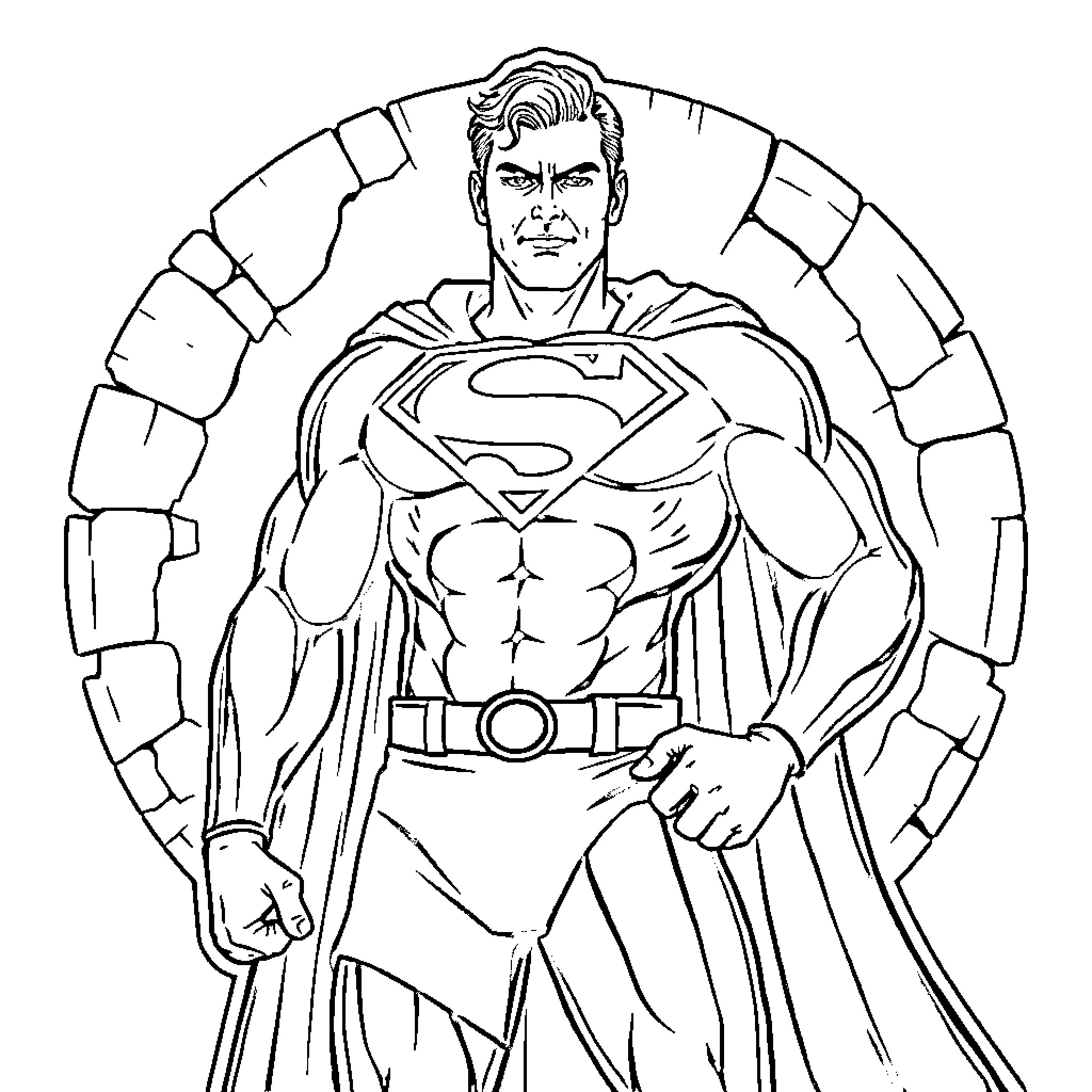 Stonemason sculpts a heroic superhero figure Coloring Page (free black-and-white line drawing printable PDF for all, from beginners to advanced learners, including children, teens, adults, and seniors)