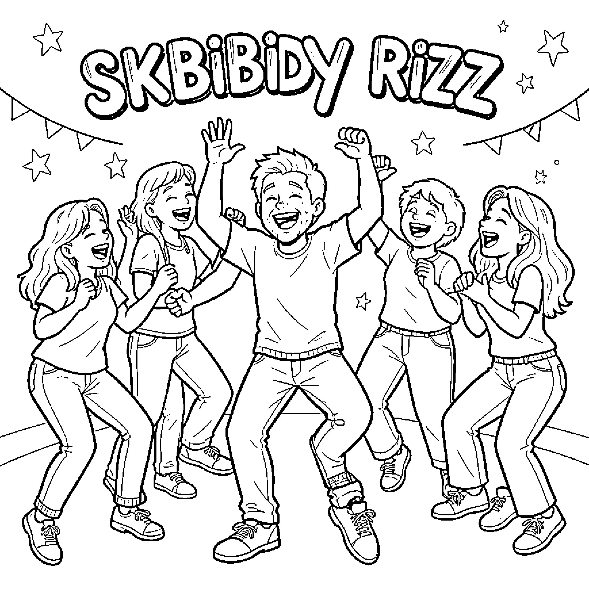 Skibidi group of friends dancing and celebrating joyfully Coloring Page (free black-and-white line drawing printable PDF for all, from beginners to advanced learners, including children, teens, adults, and seniors)