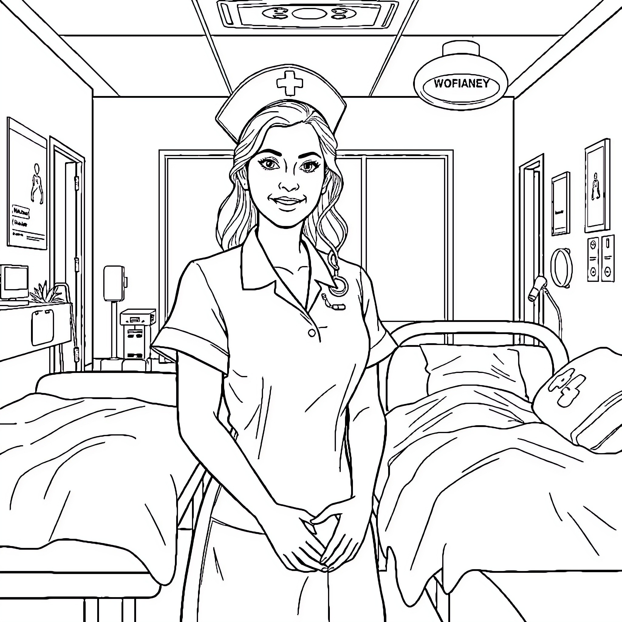 Sydney Sweeney as a nurse in a hospital setting Coloring Page (free black-and-white line drawing printable PDF for all, from beginners to advanced learners, including children, teens, adults, and seniors)