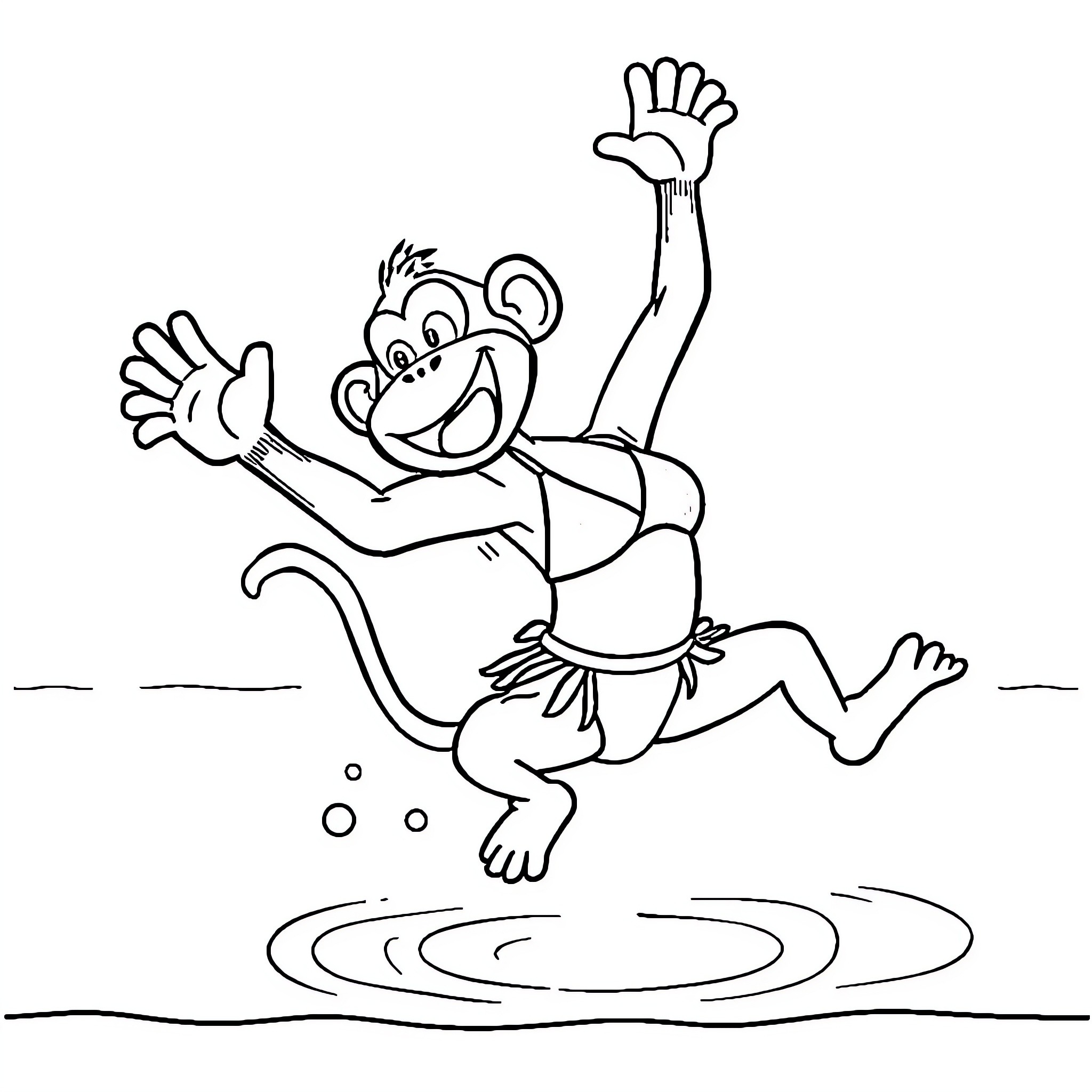 Monkey jumping with excitement Coloring Page (free black-and-white line drawing printable PDF for all, from beginners to advanced learners, including children, teens, adults, and seniors)