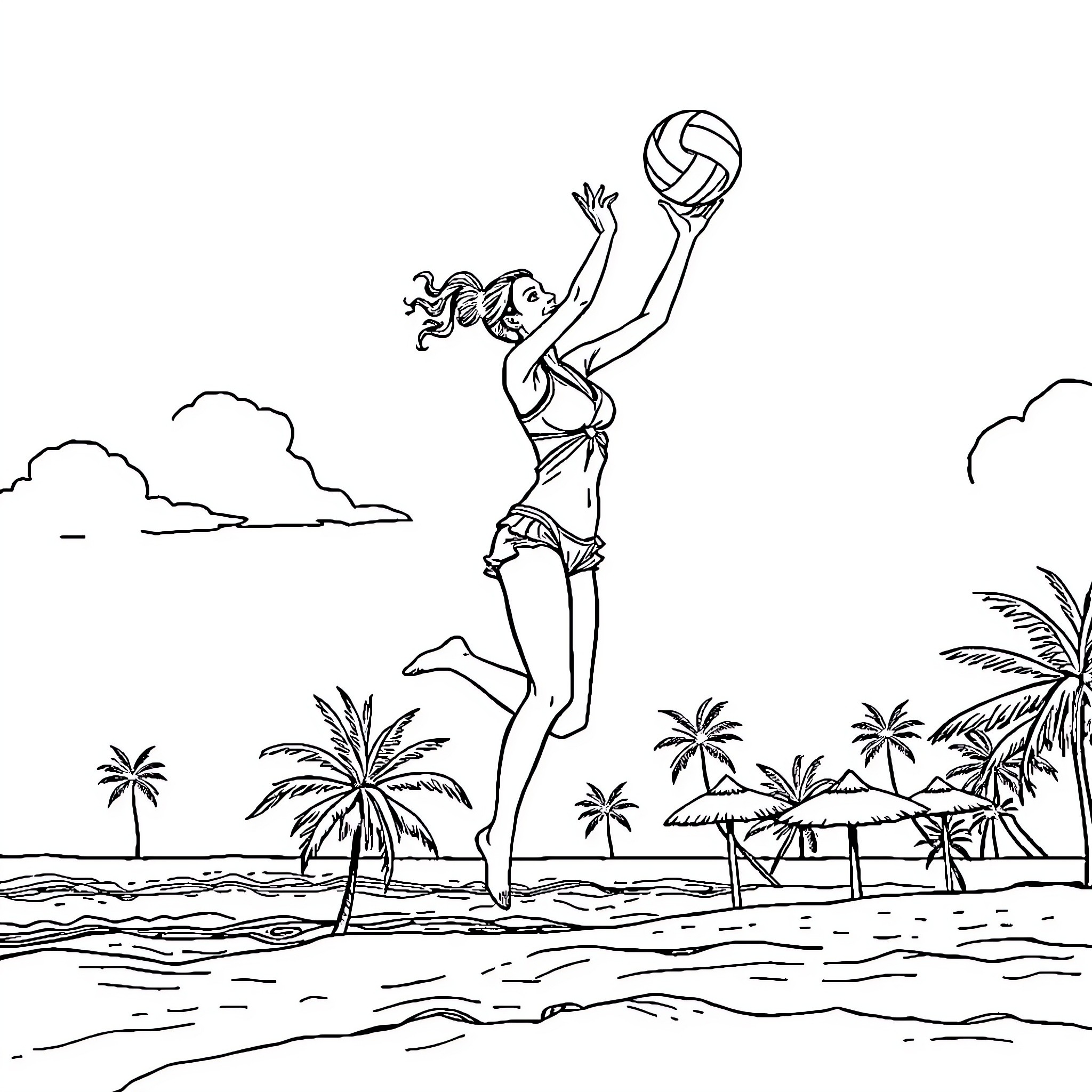 Woman spiking volleyball on beach Coloring Page (free black-and-white line drawing printable PDF for all, from beginners to advanced learners, including children, teens, adults, and seniors)