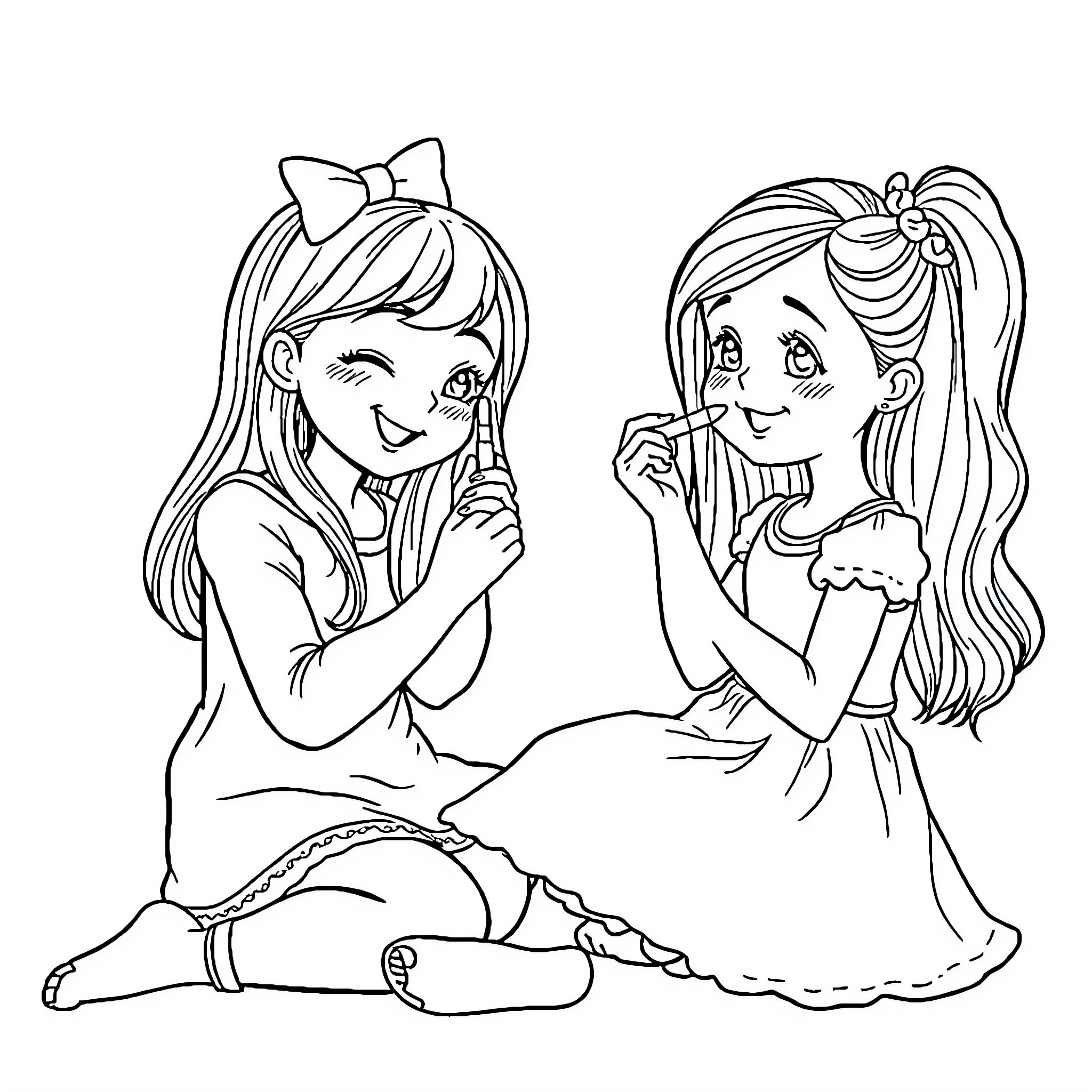 Sisters enjoying a playful moment Coloring Page (free black-and-white line drawing printable PDF for all, from beginners to advanced learners, including children, teens, adults, and seniors)
