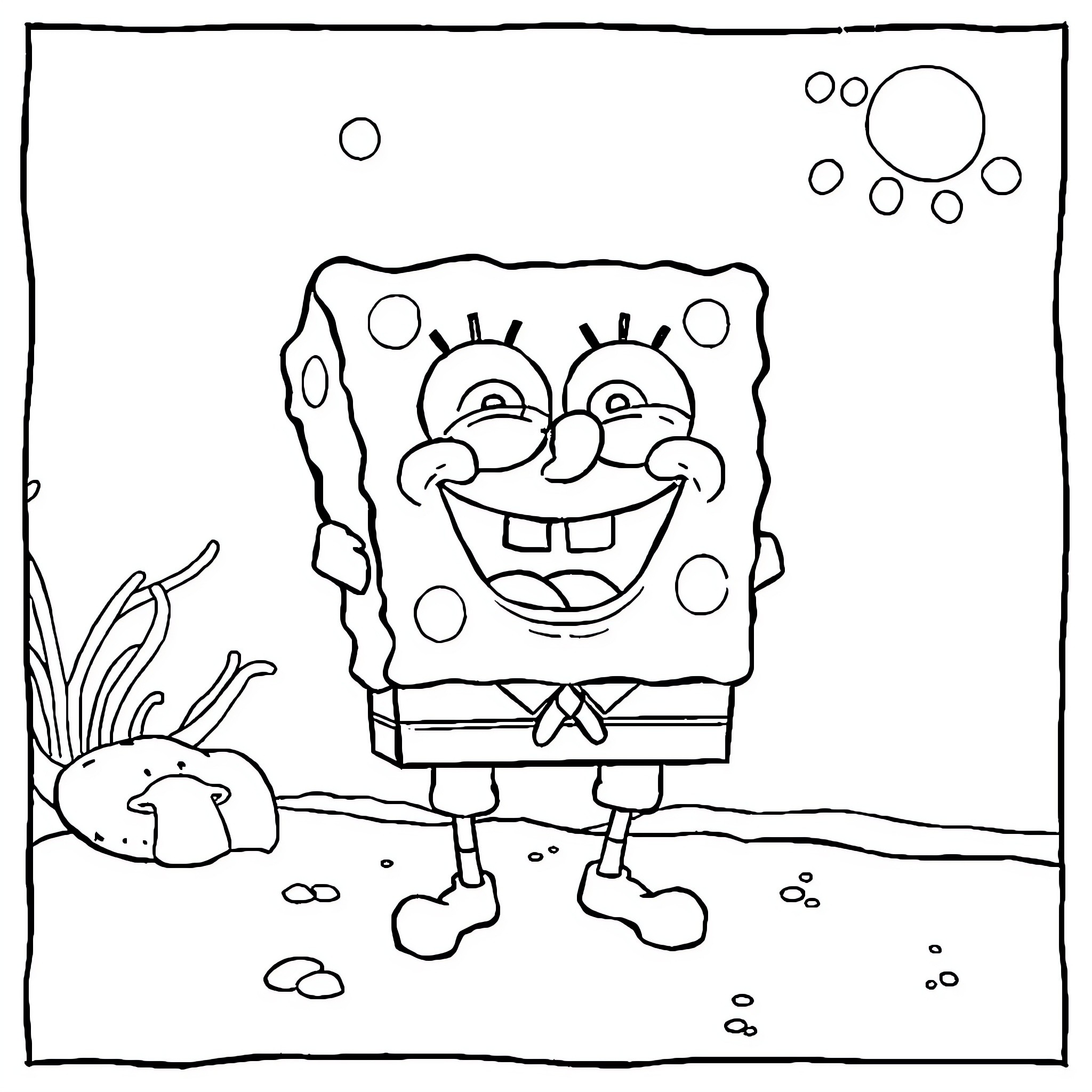 Spongebob having a cheerful expression in an underwater scene Coloring Page (free black-and-white line drawing printable PDF for all, from beginners to advanced learners, including children, teens, adults, and seniors)