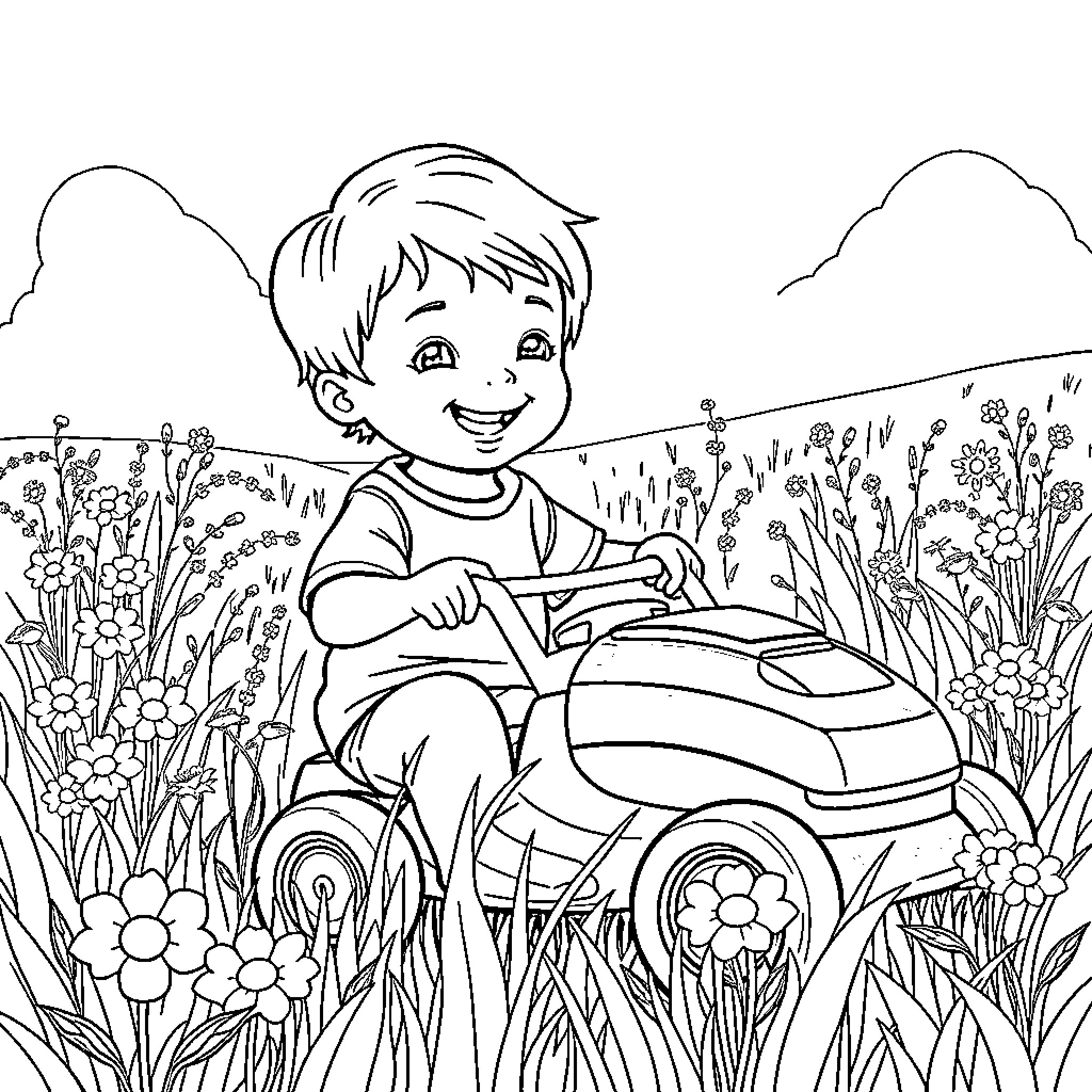 Boy riding a toy car in the garden Coloring Page (free black-and-white line drawing printable PDF for all, from beginners to advanced learners, including children, teens, adults, and seniors)