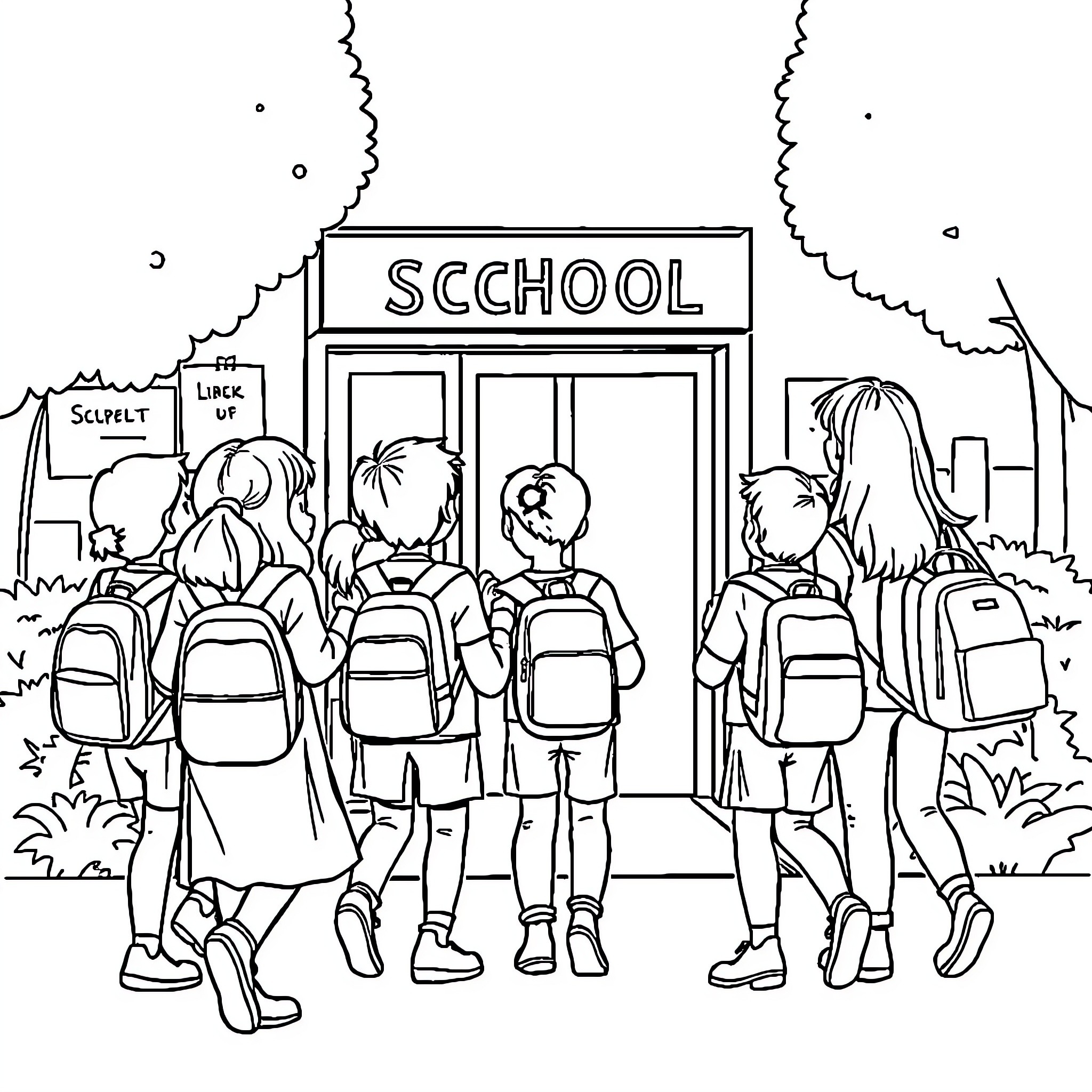 Back to School Kids Entering the School Building Coloring Page (free black-and-white line drawing printable PDF for all, from beginners to advanced learners, including children, teens, adults, and seniors)