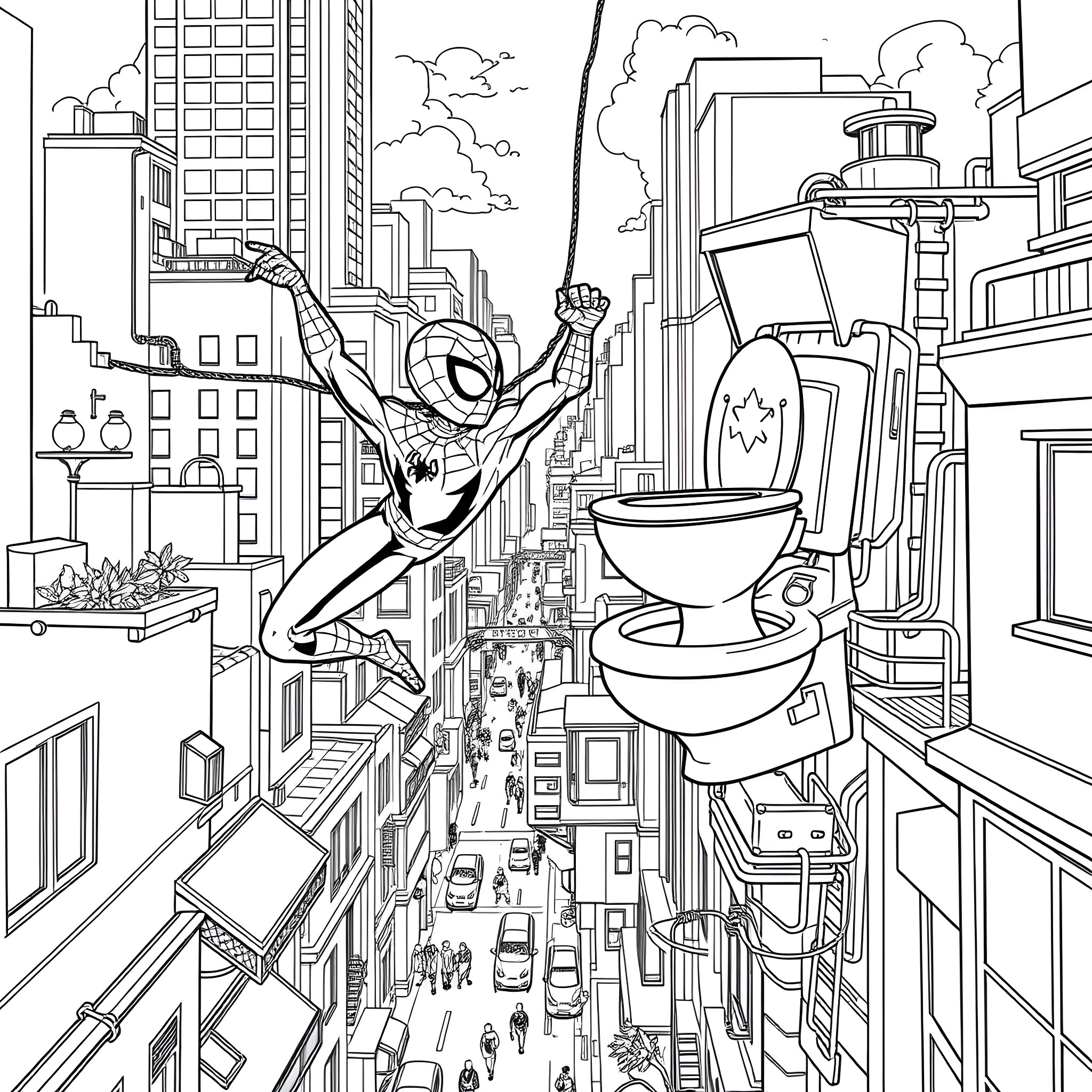 Spiderman swinging through the city skyline Coloring Page (free black-and-white line drawing printable PDF for all, from beginners to advanced learners, including children, teens, adults, and seniors)