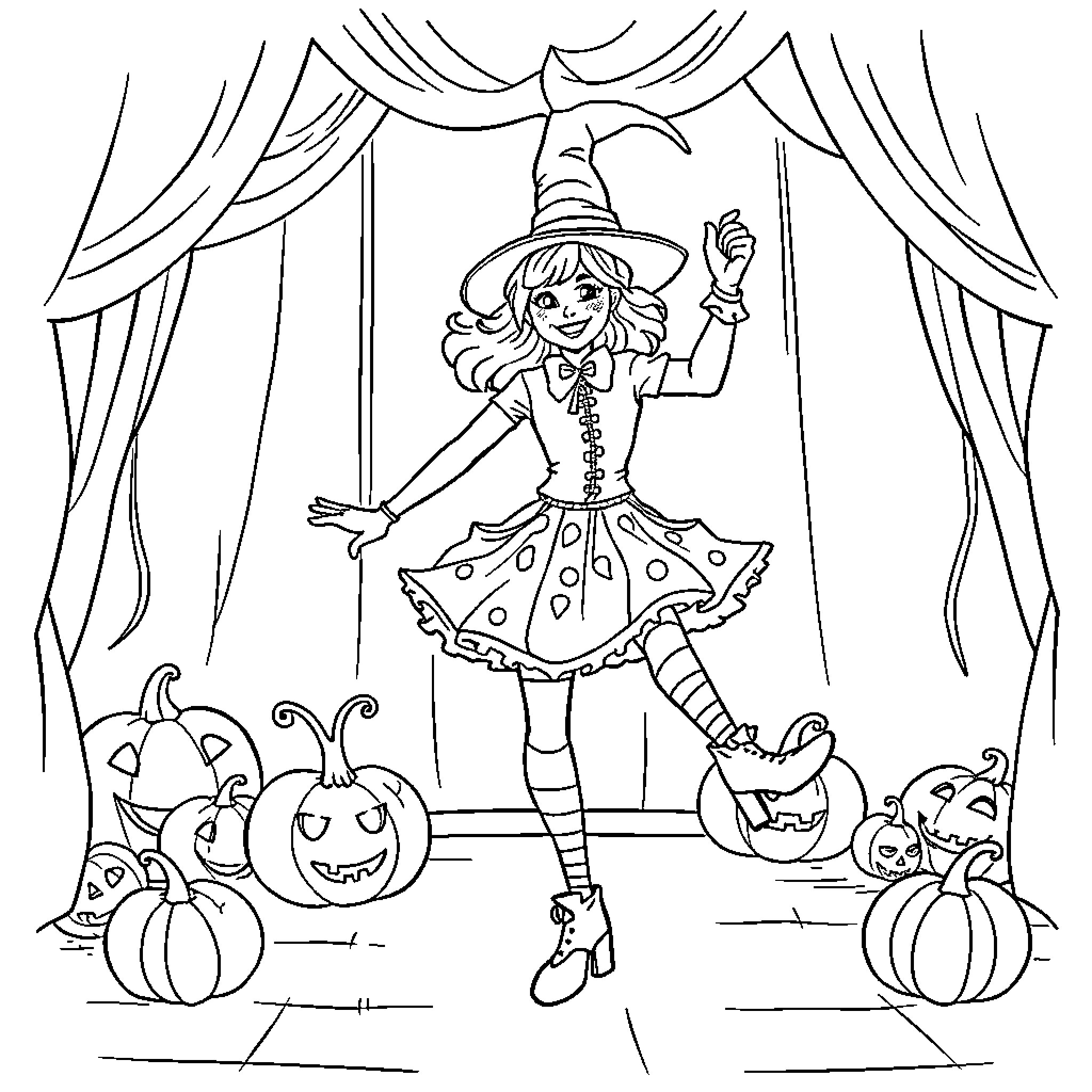 Tap Dancer on Halloween Stage Coloring Page (free black-and-white line drawing printable PDF for all, from beginners to advanced learners, including children, teens, adults, and seniors)