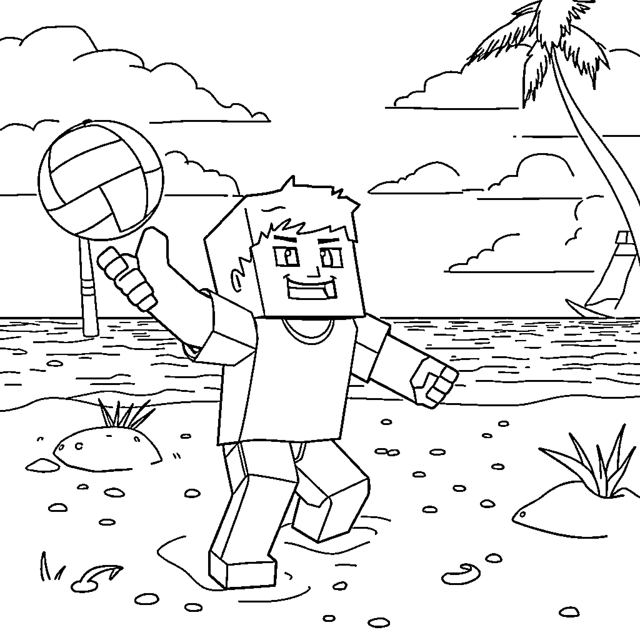Steve enjoys a beach volleyball game during a tropical getaway Coloring Page (free black-and-white line drawing printable PDF for all, from beginners to advanced learners, including children, teens, adults, and seniors)
