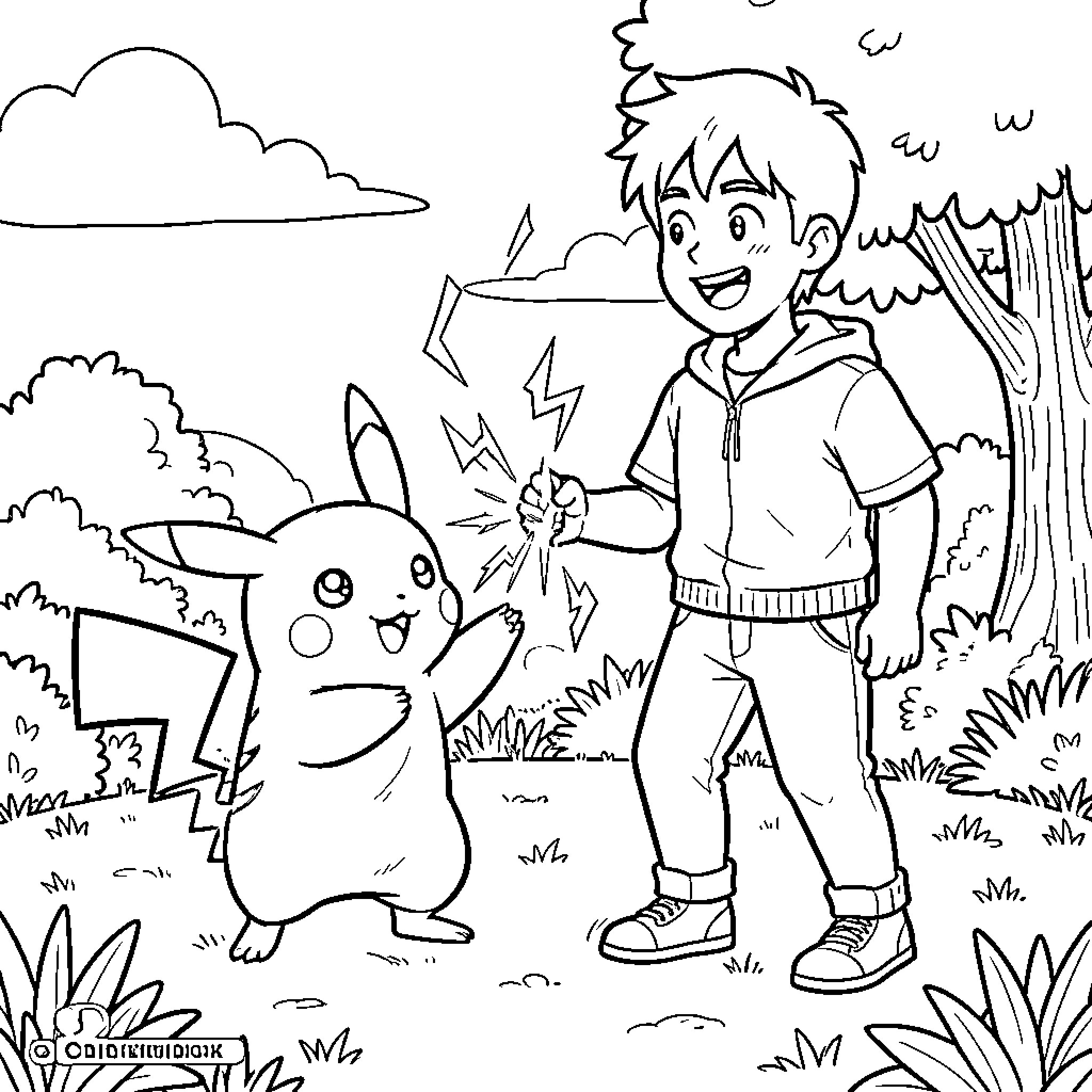 Pikachu and a boy sharing a joyful moment together Coloring Page (free black-and-white line drawing printable PDF for all, from beginners to advanced learners, including children, teens, adults, and seniors)