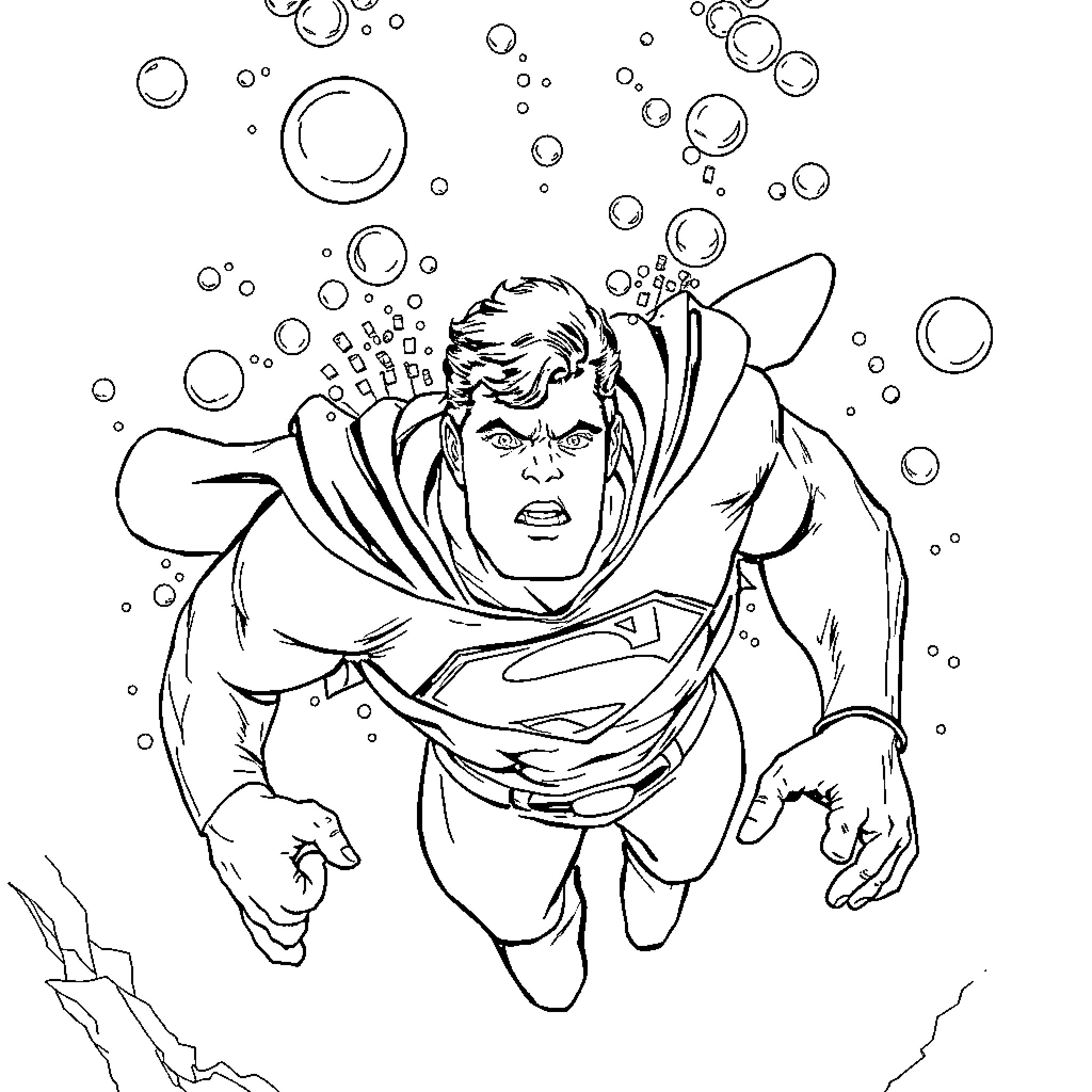 Superman diving through bubbles with determination Coloring Page (free black-and-white line drawing printable PDF for all, from beginners to advanced learners, including children, teens, adults, and seniors)