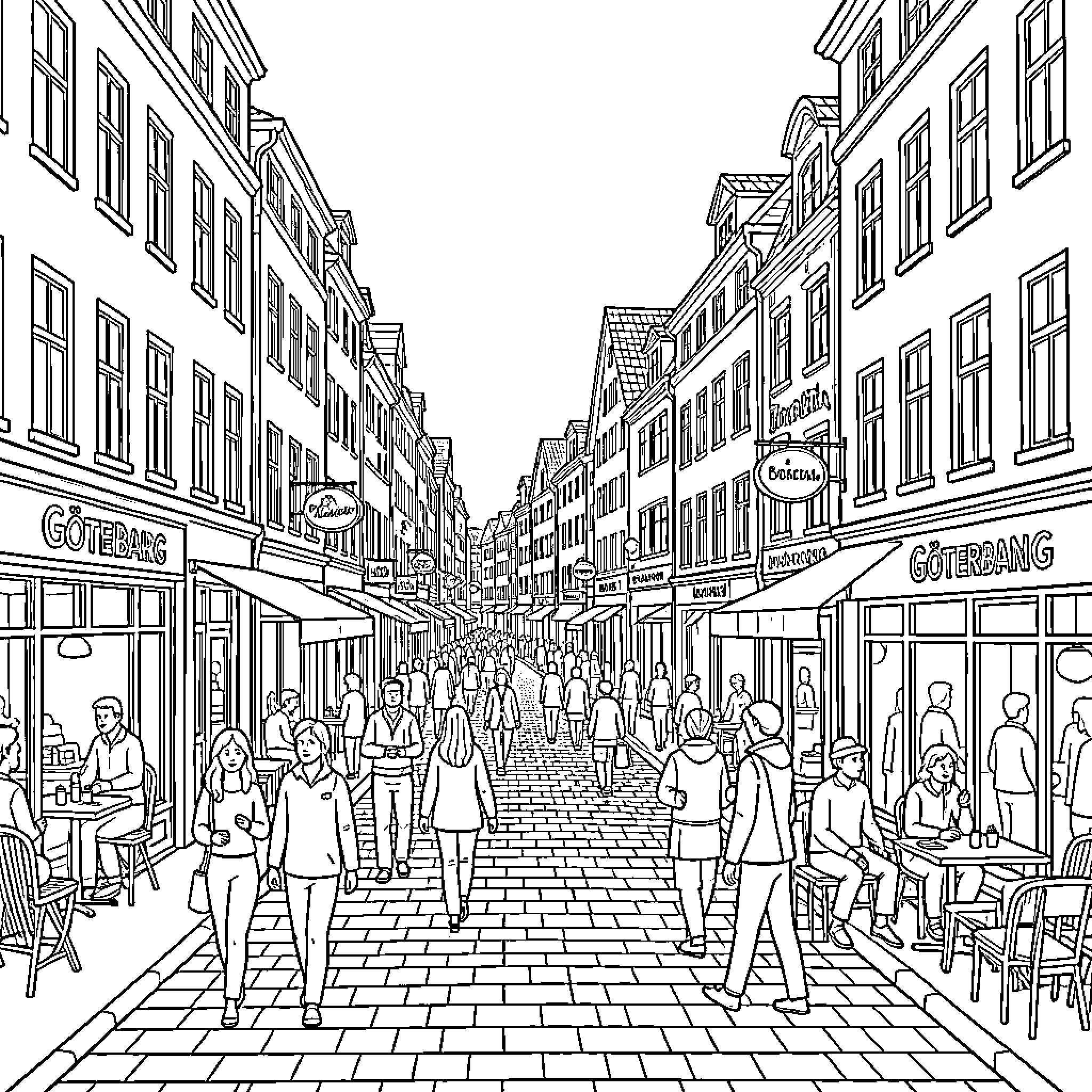 Göteborg street scene with people walking through city shops Coloring Page (free black-and-white line drawing printable PDF for all, from beginners to advanced learners, including children, teens, adults, and seniors)