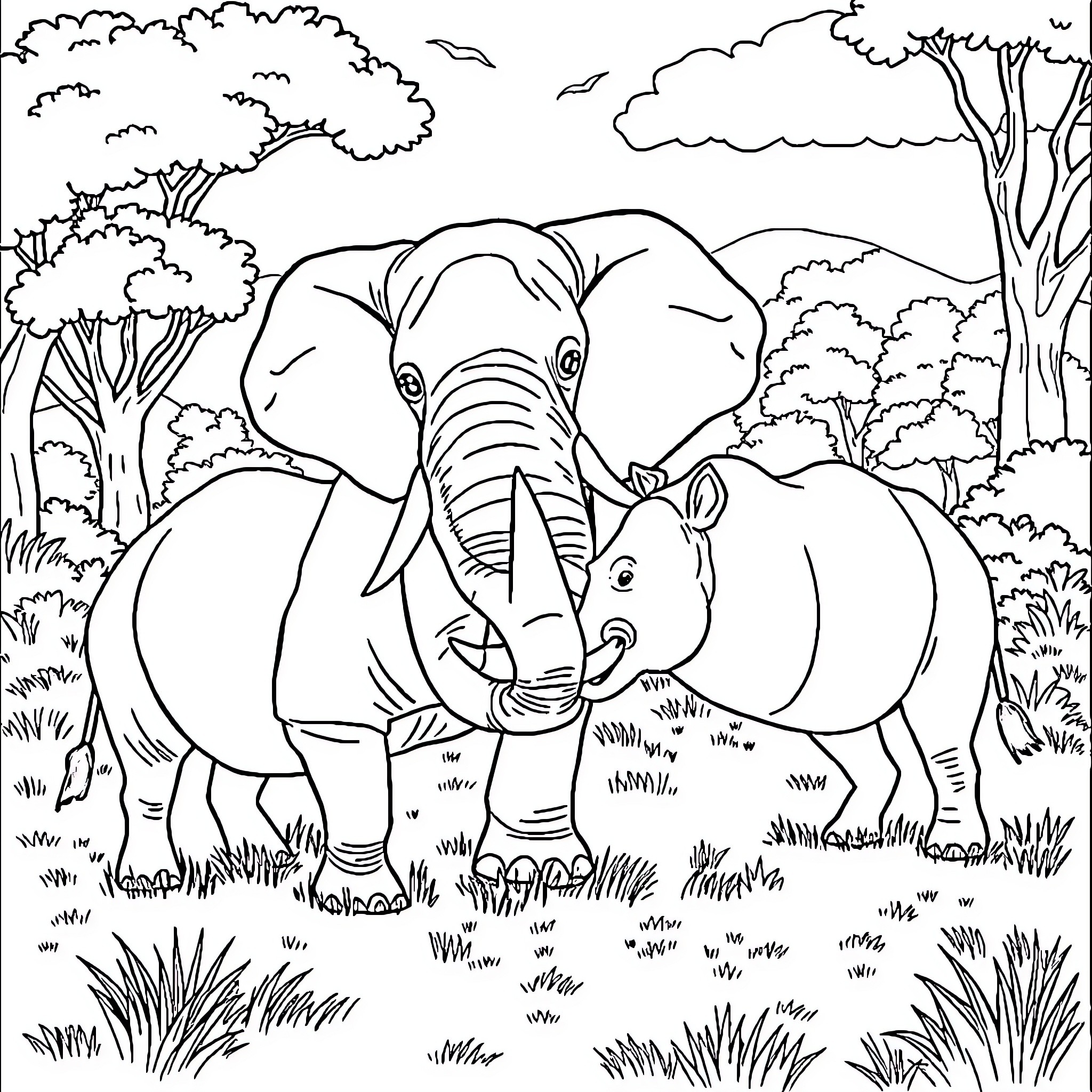 Elephant and Baby Elephant in Lush Jungle Landscape Coloring Page (free black-and-white line drawing printable PDF for all, from beginners to advanced learners, including children, teens, adults, and seniors)