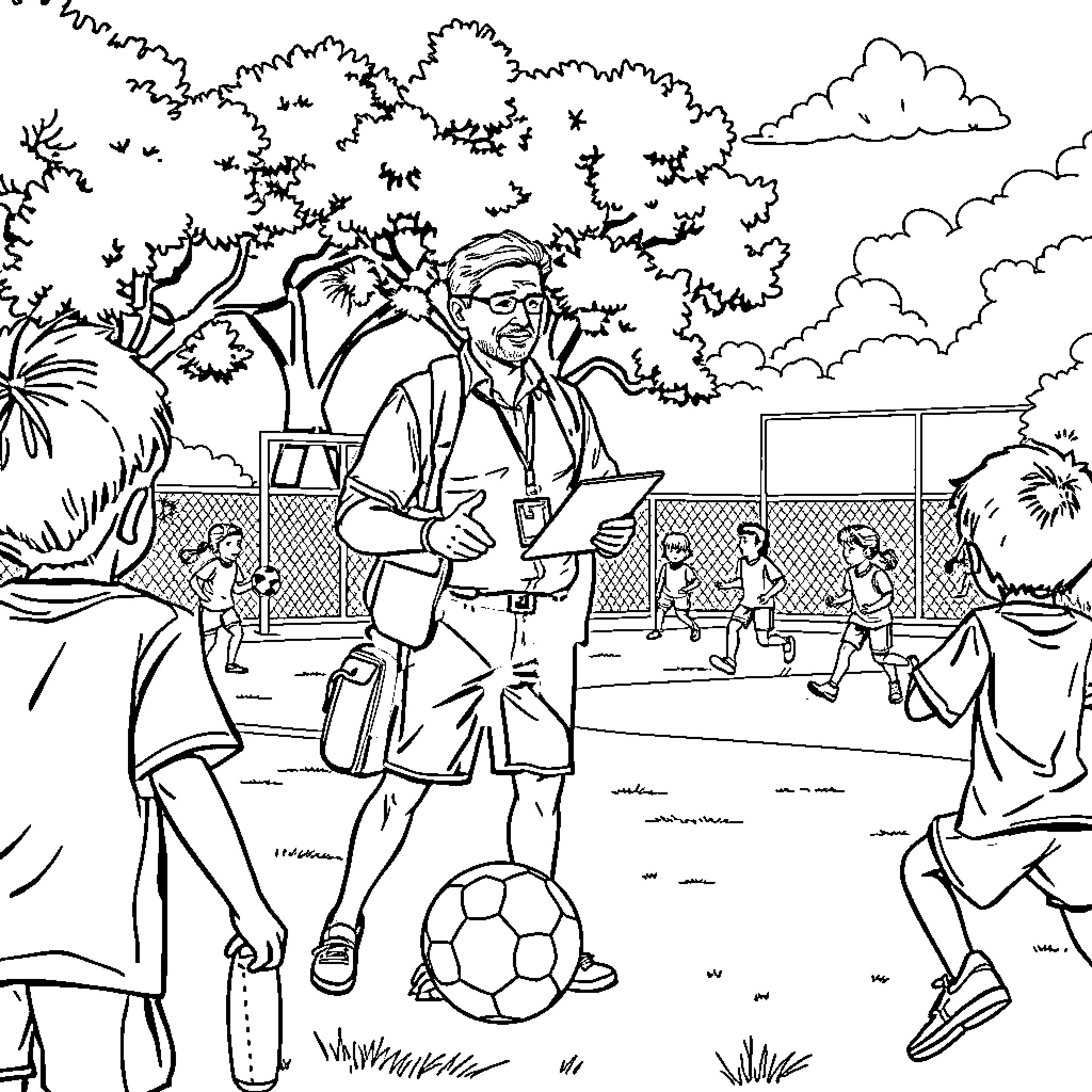Docente overseeing students in outdoor sports activities Coloring Page (free black-and-white line drawing printable PDF for all, from beginners to advanced learners, including children, teens, adults, and seniors)