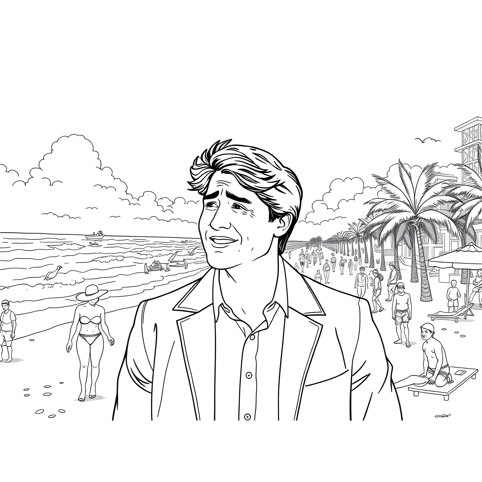 Justin Trudeau relaxing on the beach Coloring Page (free black-and-white line drawing printable PDF for all, from beginners to advanced learners, including children, teens, adults, and seniors)