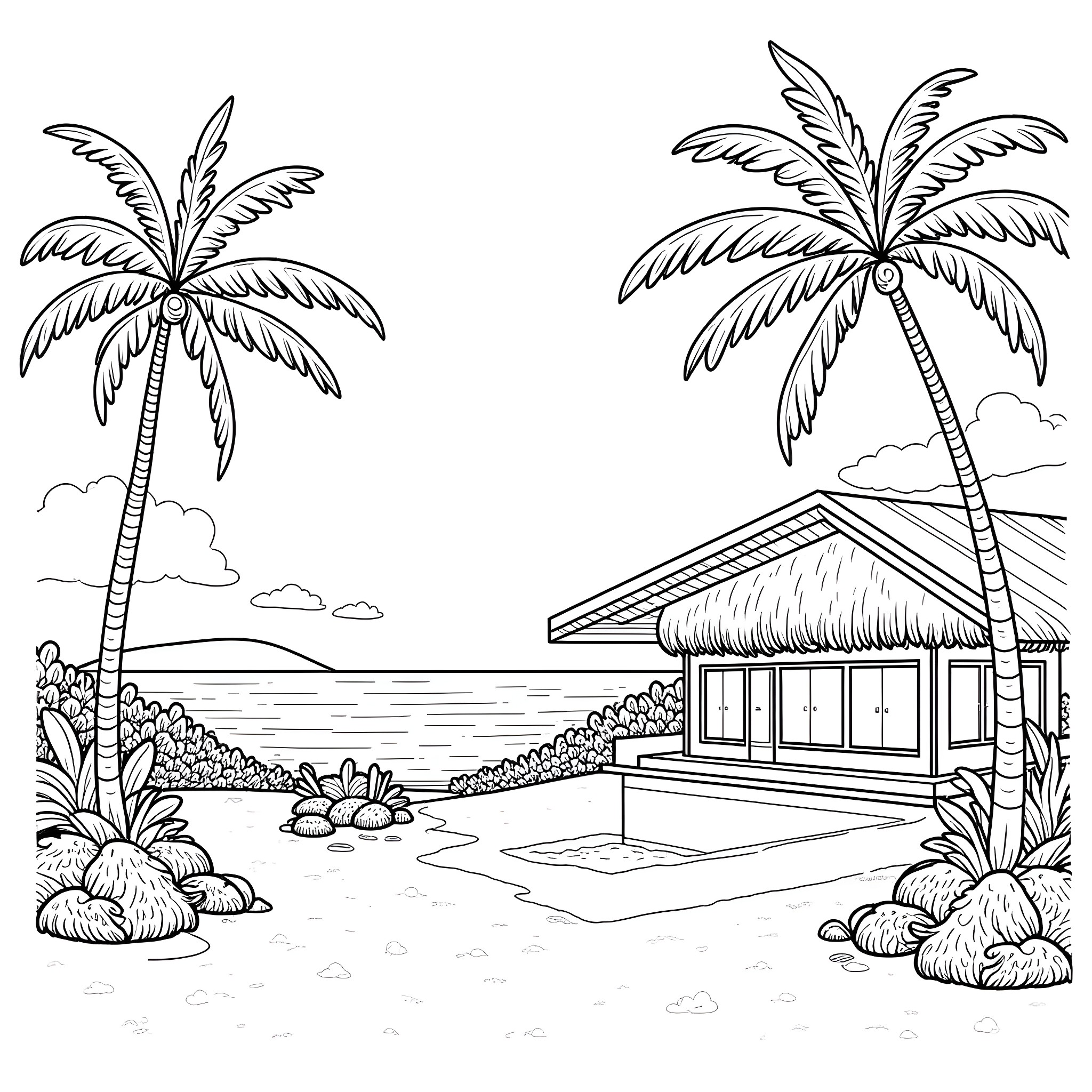 Treatment Center by the Tropical Beach Coloring Page (free black-and-white line drawing printable PDF for all, from beginners to advanced learners, including children, teens, adults, and seniors)