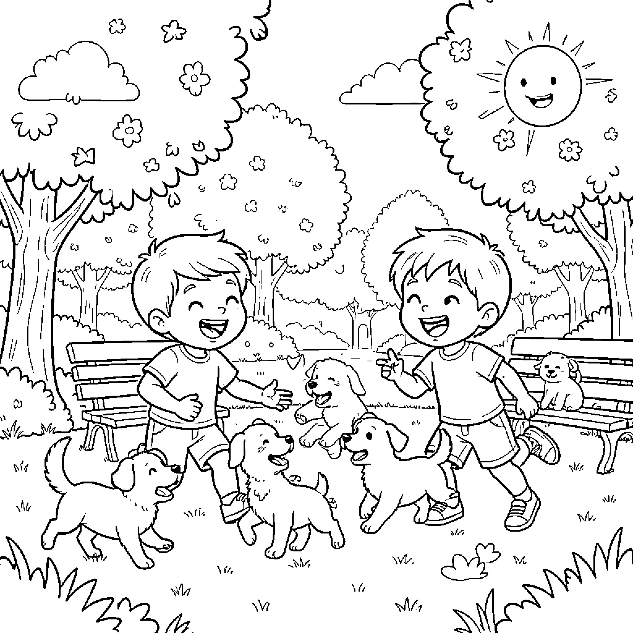 Children playing joyfully with dogs in park Coloring Page (free black-and-white line drawing printable PDF for all, from beginners to advanced learners, including children, teens, adults, and seniors)